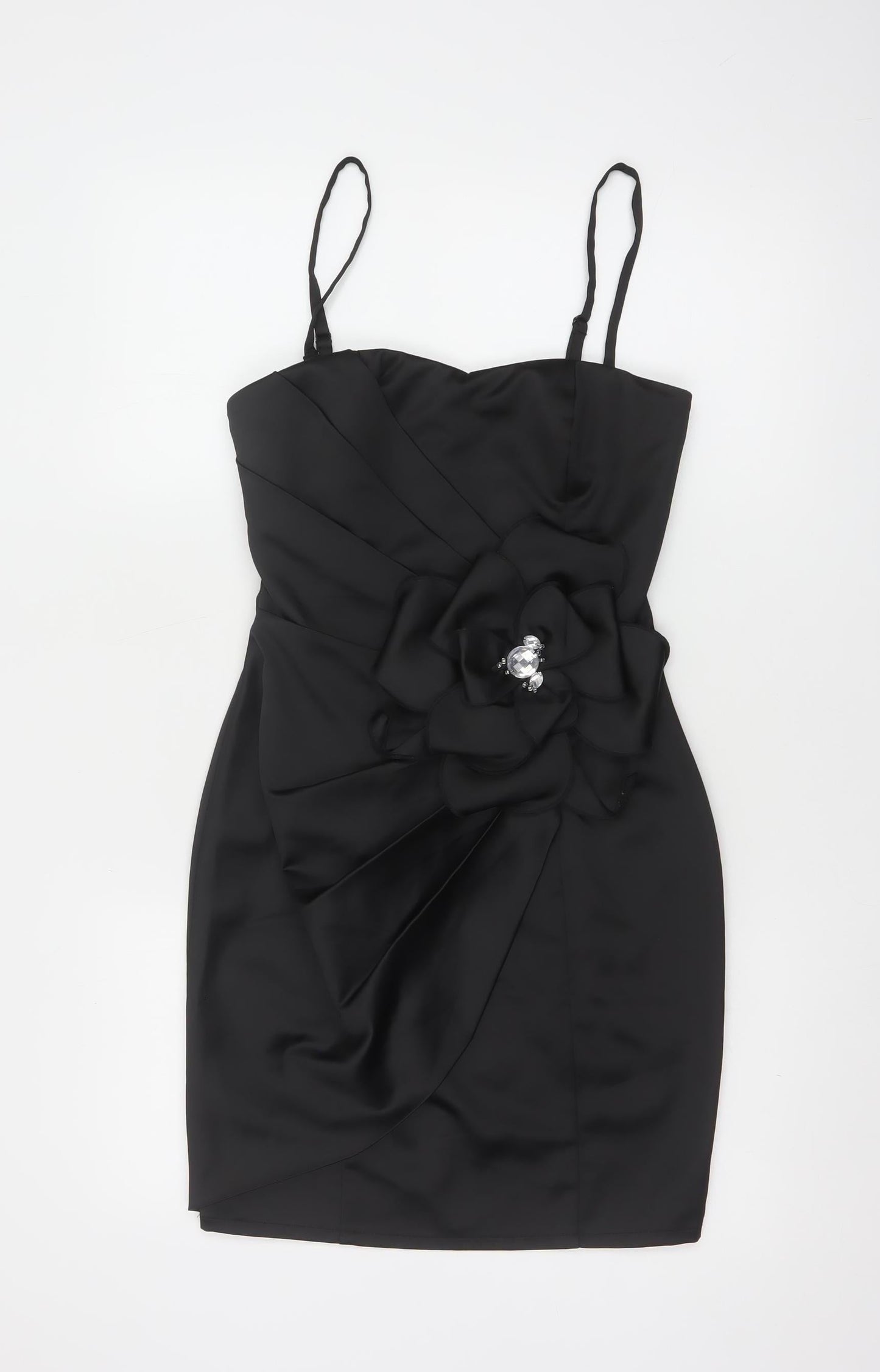 Lipsy Women Black Size 8 Bodycon Satin Flower Detail Party Dress