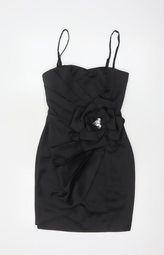 Lipsy Women Black Size 8 Bodycon Satin Flower Detail Party Dress