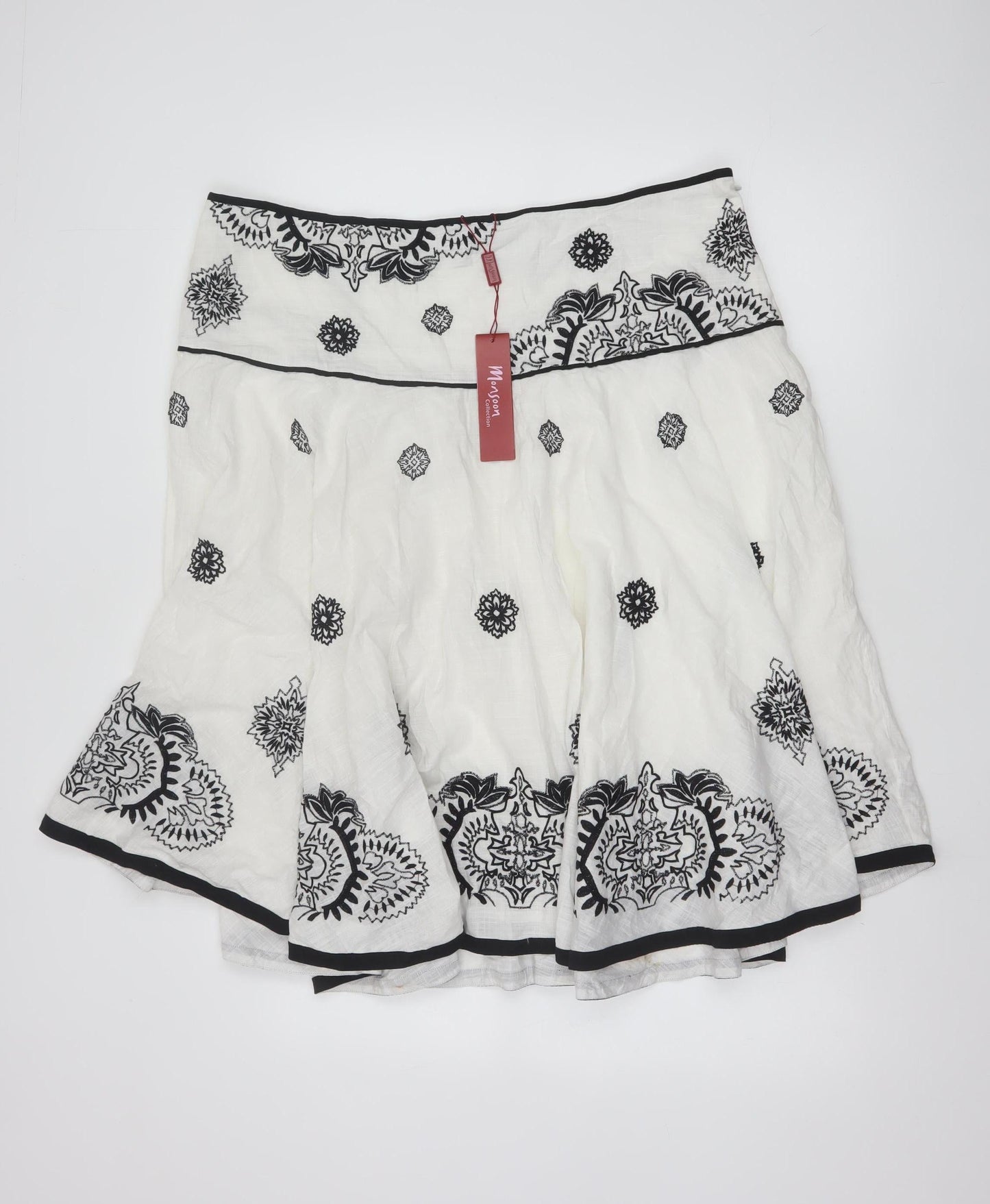 Monsoon Women White Embroidered A-Line Cotton Skirt Size 20