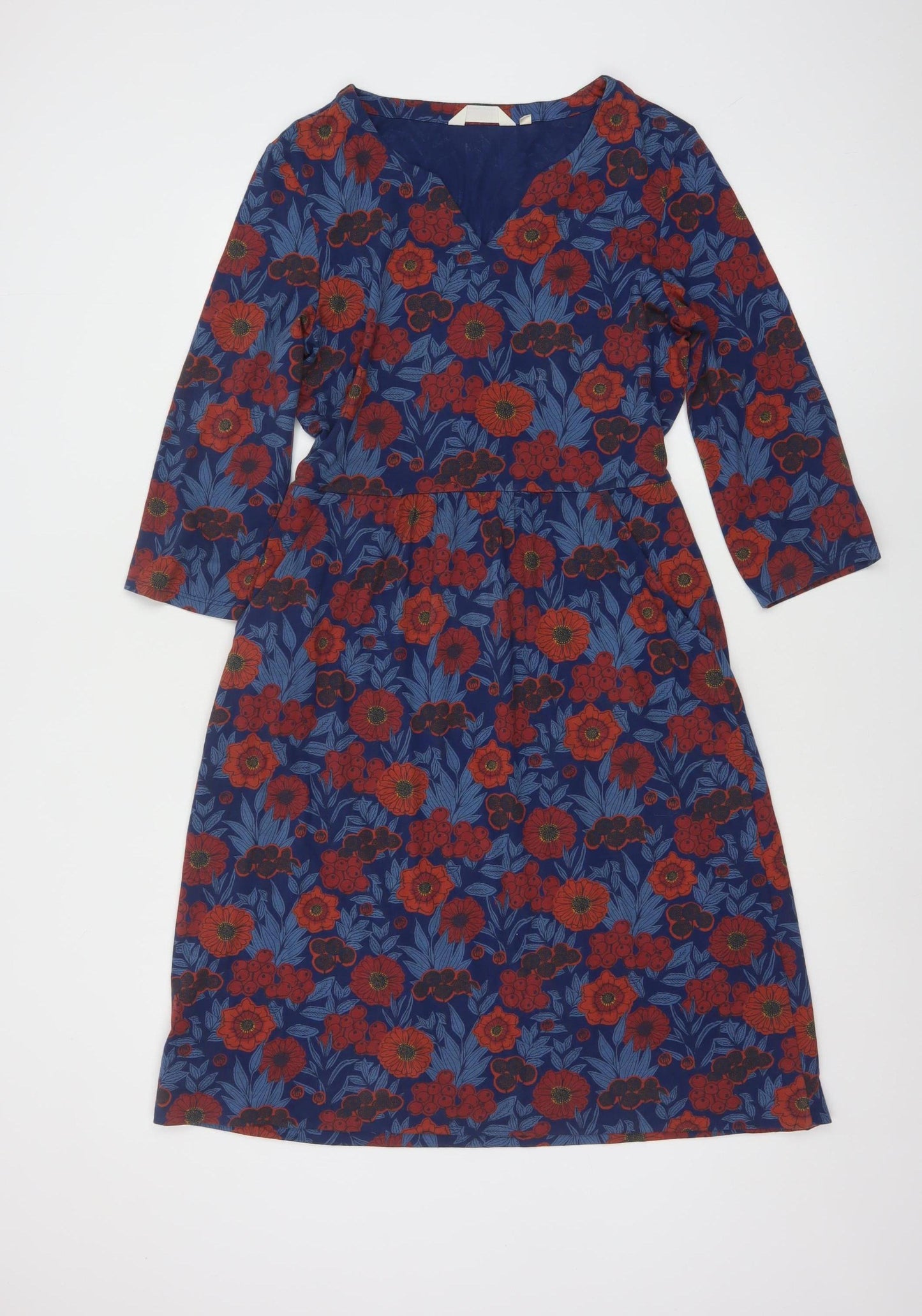 Seasalt Cornwall Women's Blue Red Floral Knee Length A-Line Cotton Dress Size 10