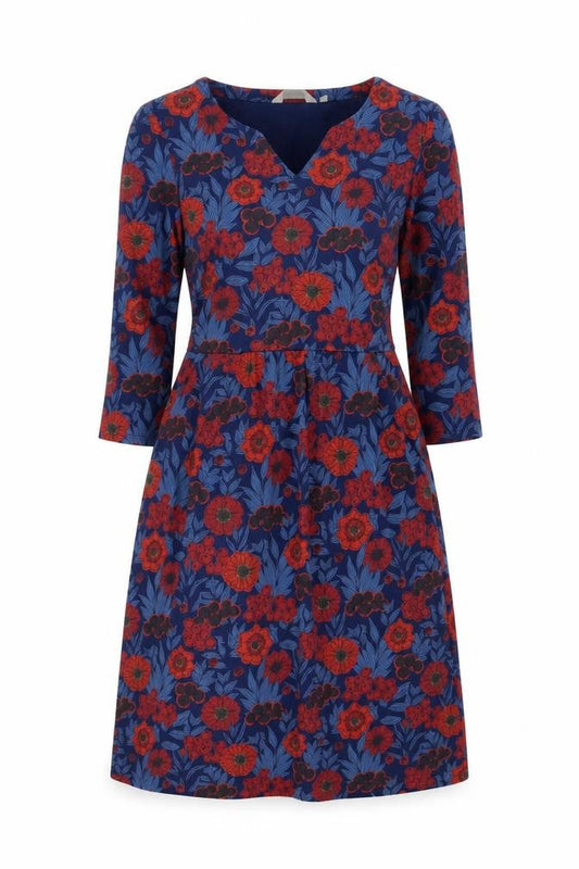 Seasalt Cornwall Women's Blue Red Floral Knee Length A-Line Cotton Dress Size 10