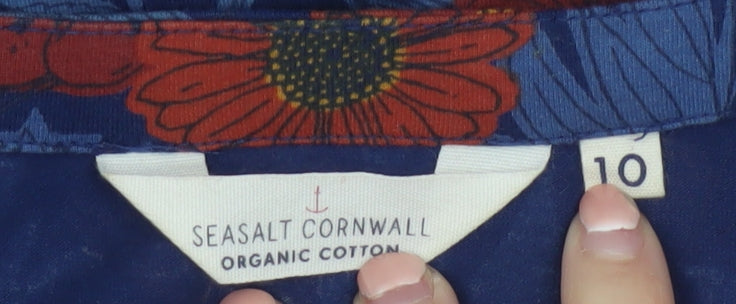 Seasalt Cornwall Women's Blue Red Floral Knee Length A-Line Cotton Dress Size 10