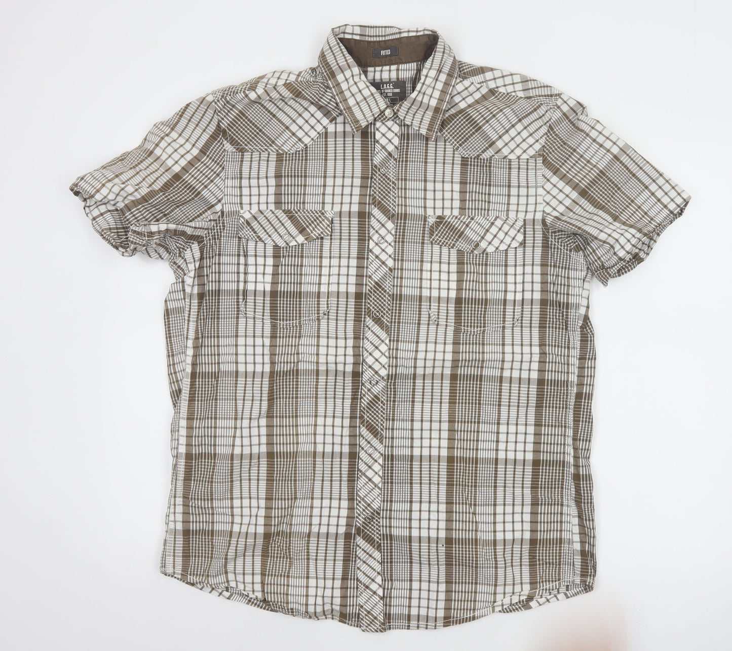 H&M L.O.G.G. Men's Brown Check Cotton Short Sleeve Slim Fit Shirt L