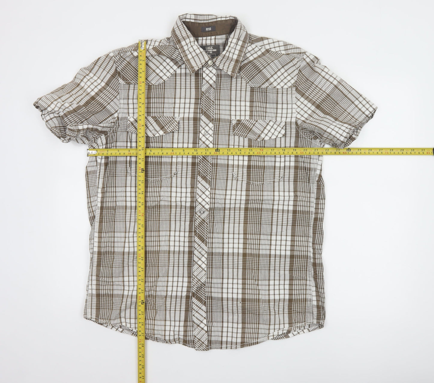 H&M L.O.G.G. Men's Brown Check Cotton Short Sleeve Slim Fit Shirt L
