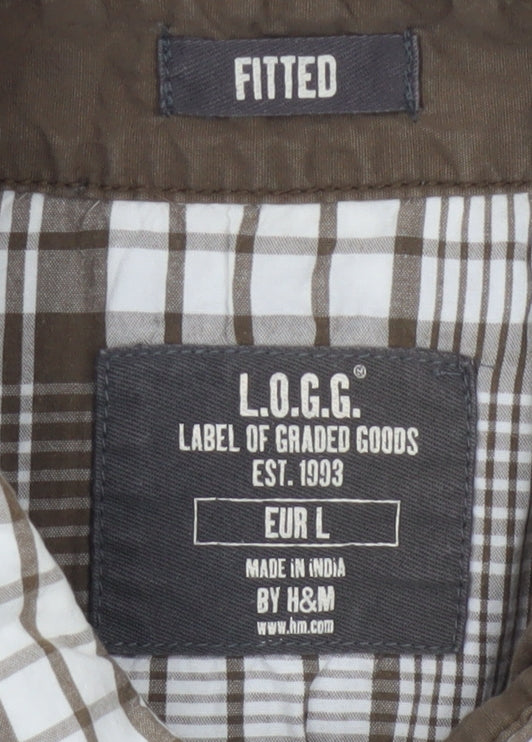 H&M L.O.G.G. Men's Brown Check Cotton Short Sleeve Slim Fit Shirt L