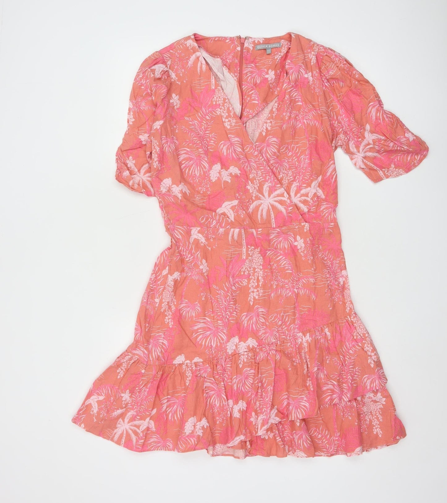 Oliver Bonas Women’s Pink Floral Linen Wrap Short Dress UK 8