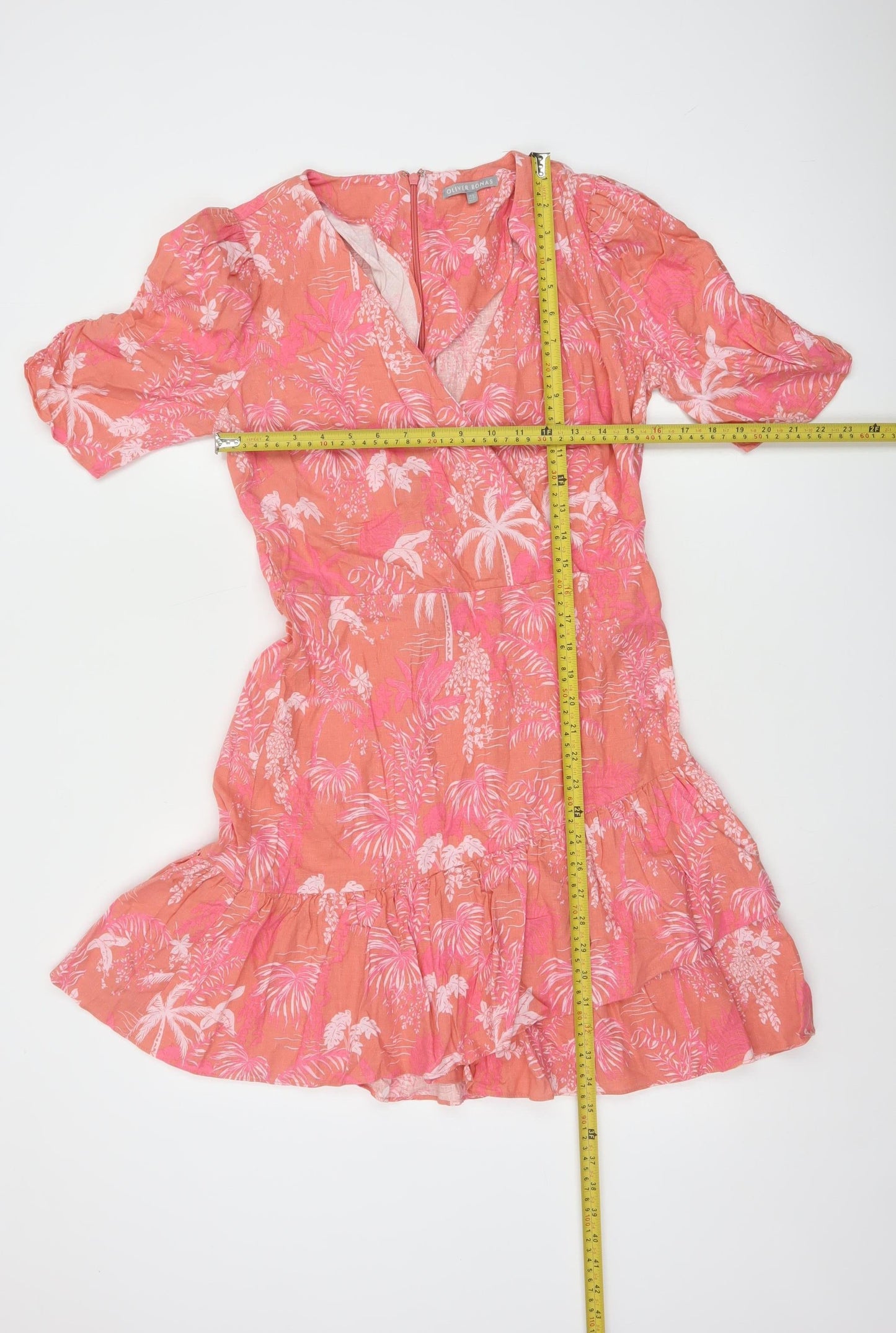 Oliver Bonas Women’s Pink Floral Linen Wrap Short Dress UK 8