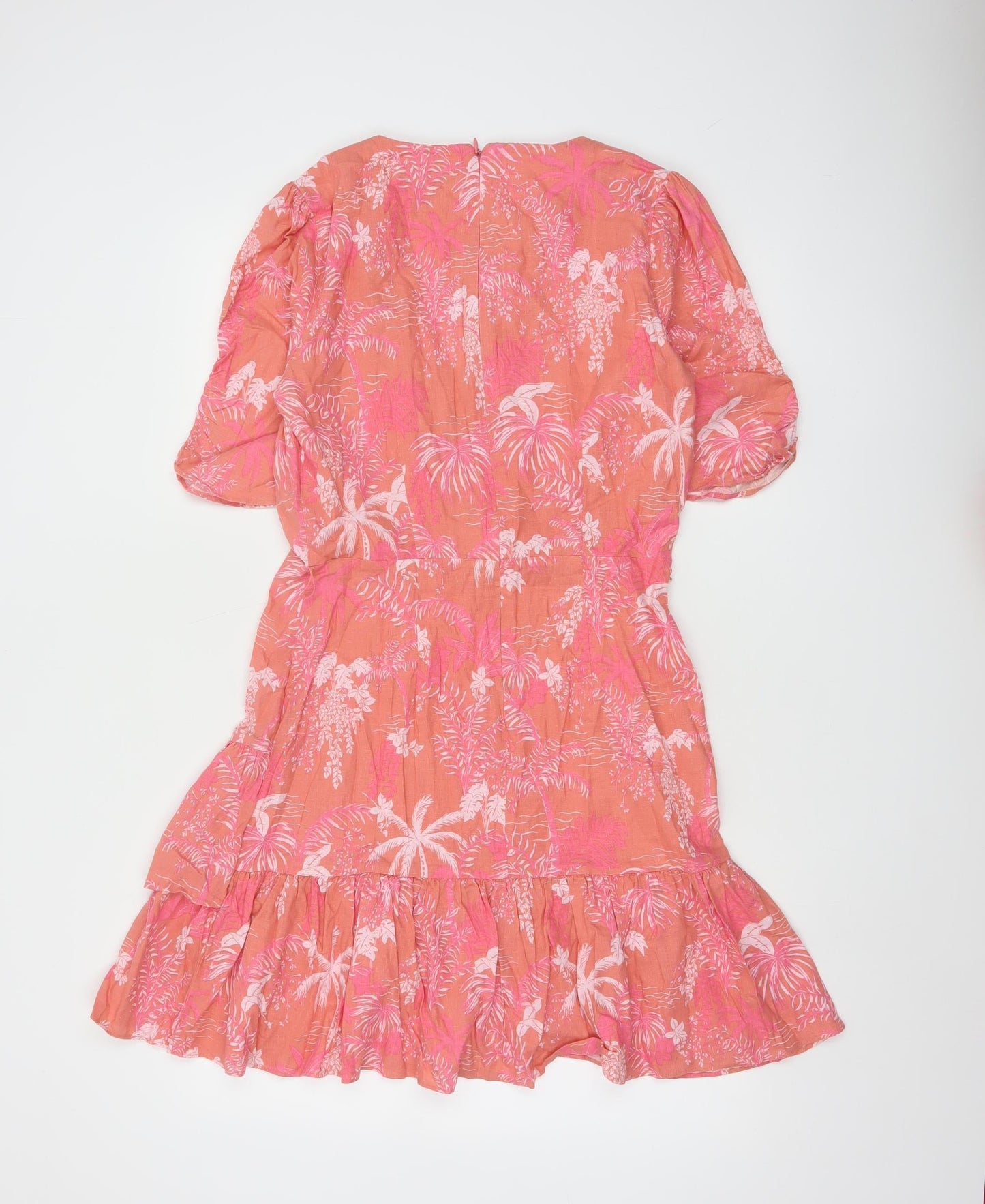 Oliver Bonas Women’s Pink Floral Linen Wrap Short Dress UK 8