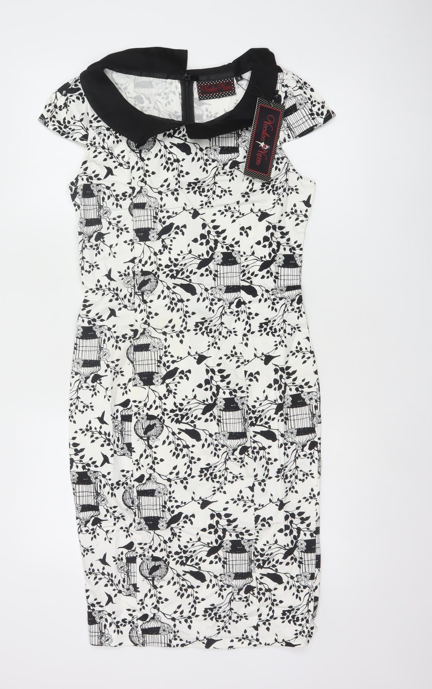 Voodoo Vixen Women’s Black White Birdcage Print Collared Sheath Dress M