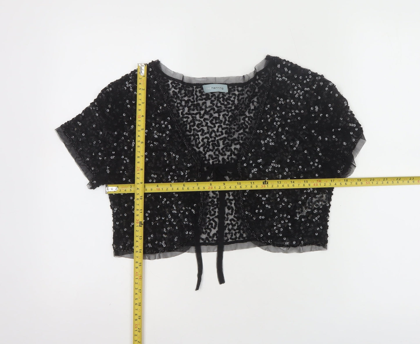 Red Herring Women's Black Sequin Cropped Blouse Size M Party Top