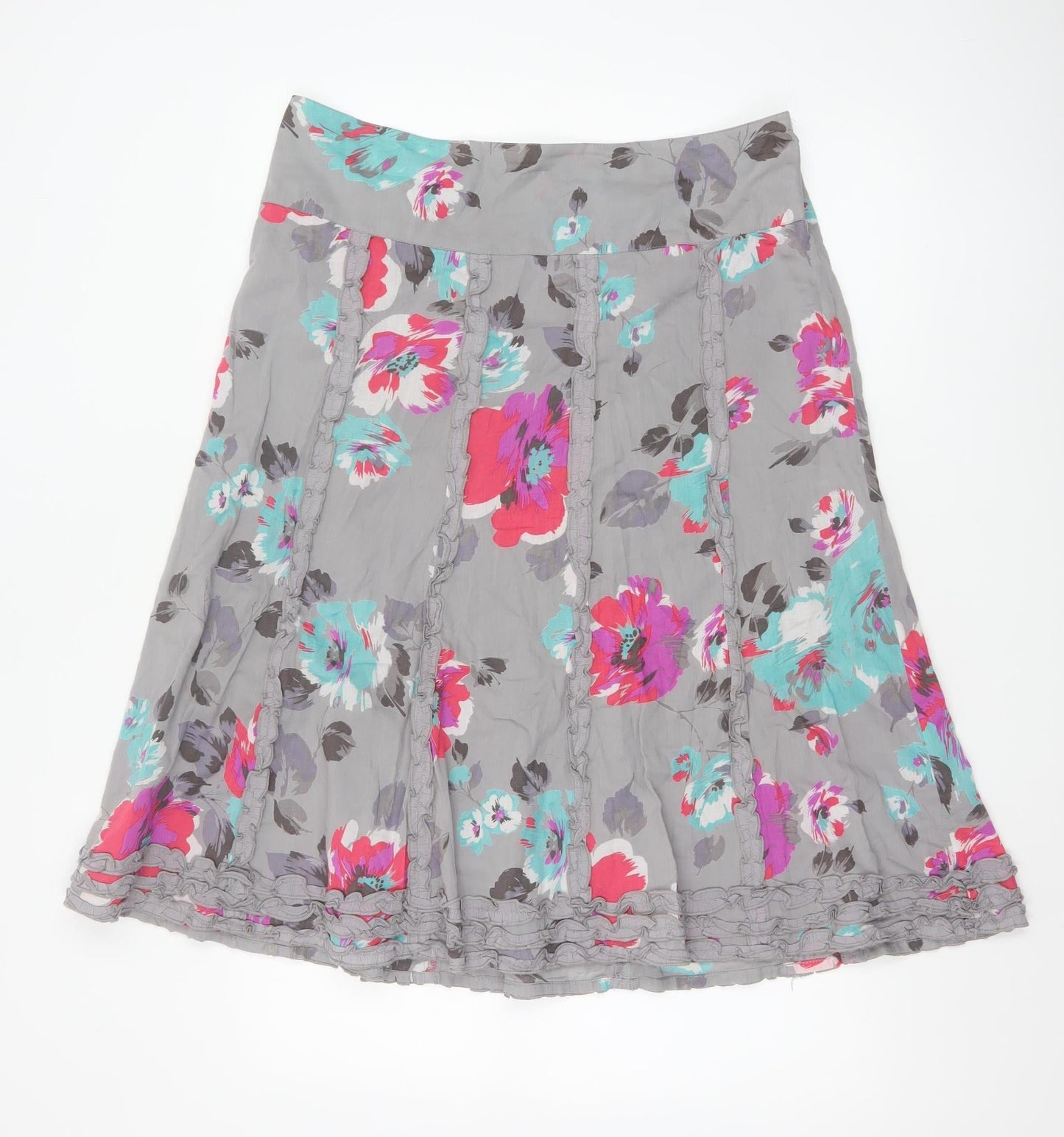 Monsoon Women Grey Floral A-Line Cotton Skirt Size 14