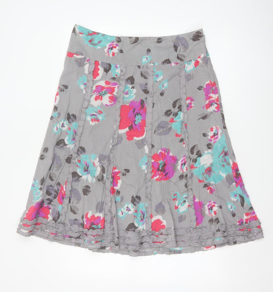 Monsoon Women Grey Floral A-Line Cotton Skirt Size 14