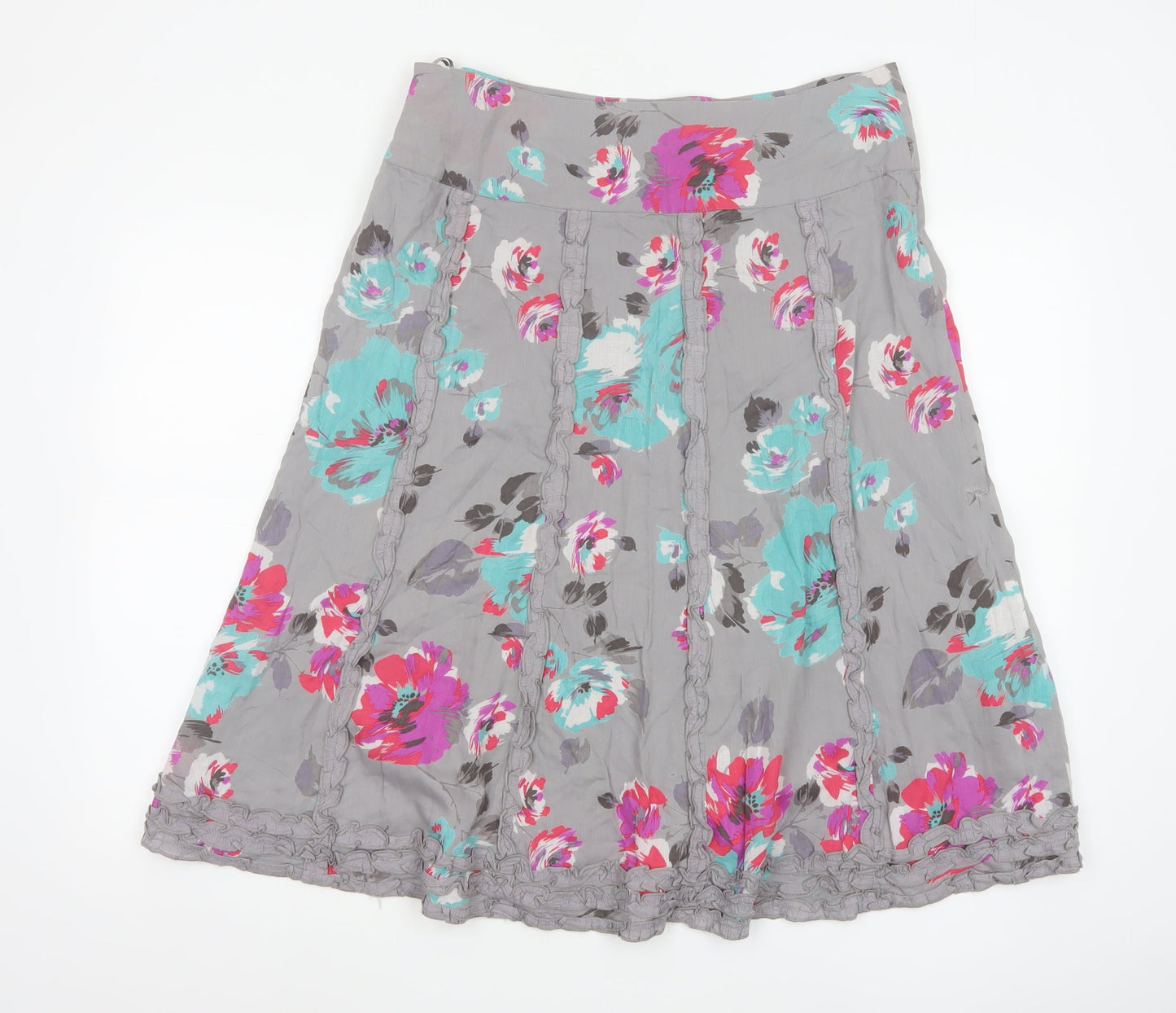 Monsoon Women Grey Floral A-Line Cotton Skirt Size 14