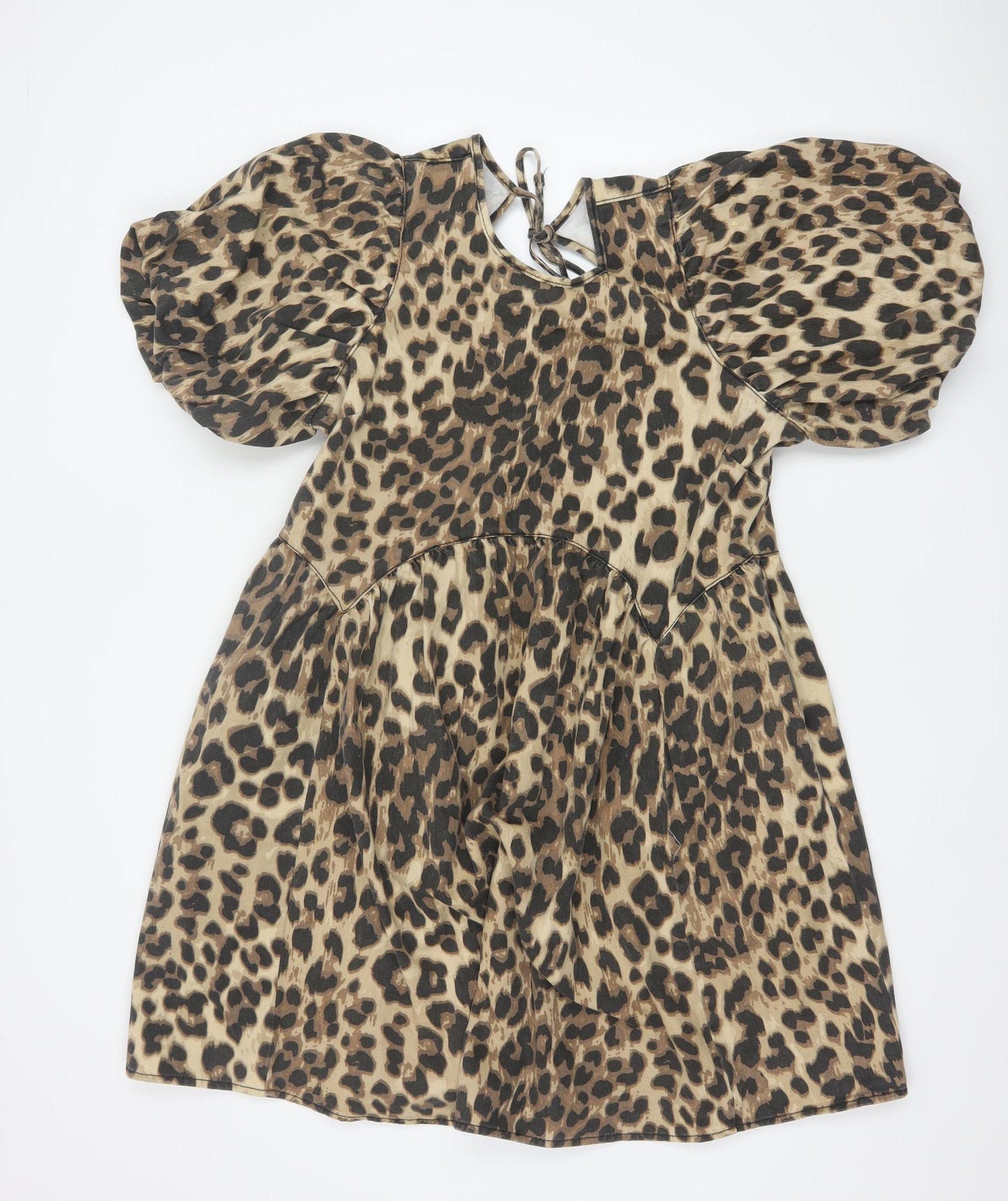George Women Brown Leopard Print Cotton Short Puff Sleeve A-Line Dress Size 14