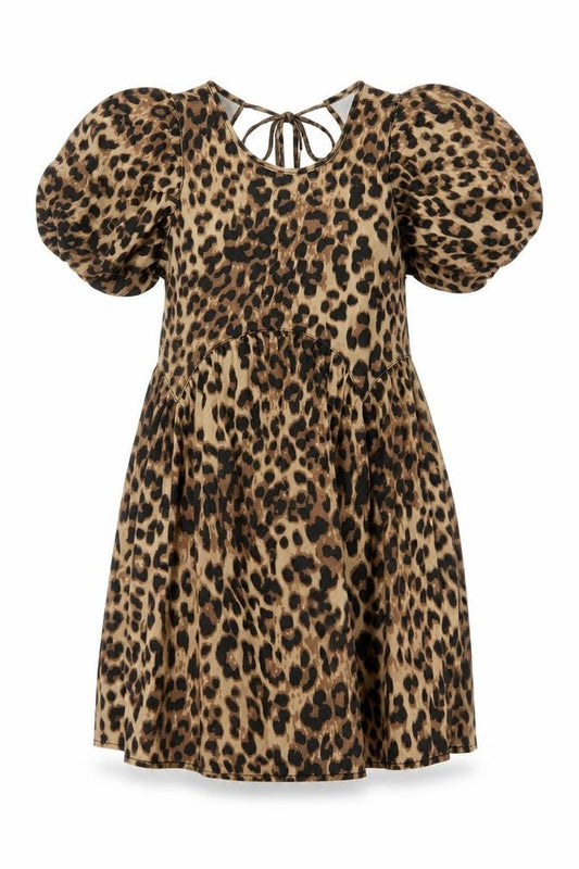 George Women Brown Leopard Print Cotton Short Puff Sleeve A-Line Dress Size 14