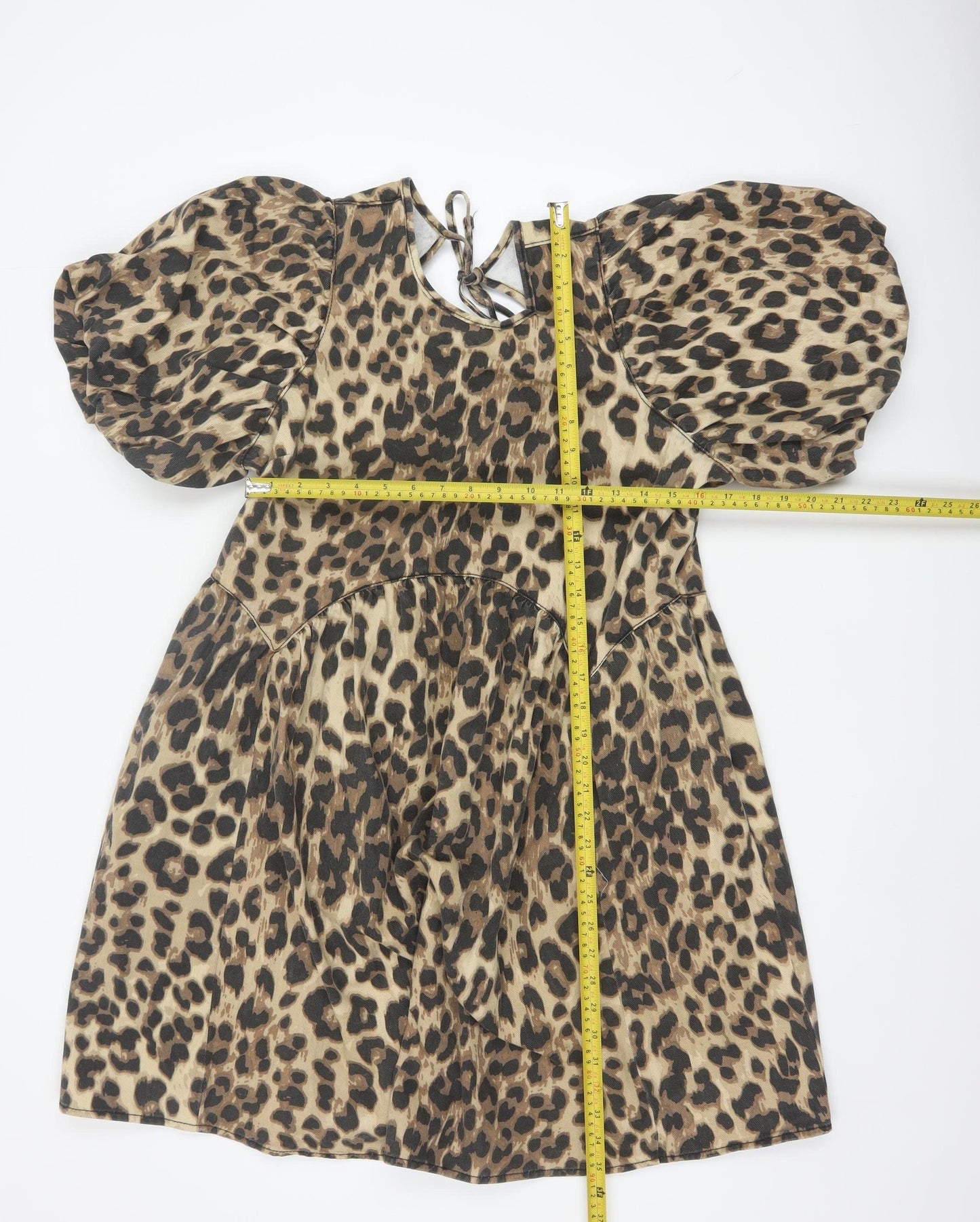 George Women Brown Leopard Print Cotton Short Puff Sleeve A-Line Dress Size 14