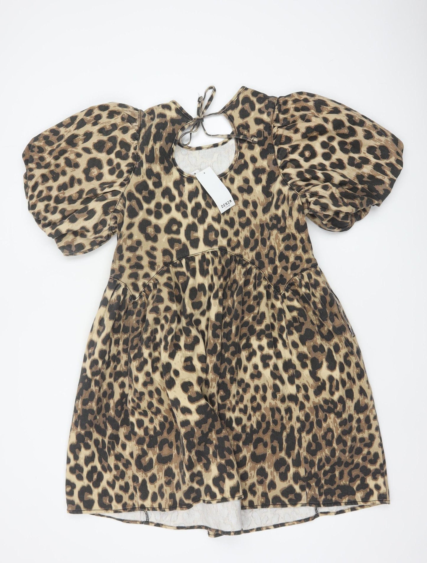 George Women Brown Leopard Print Cotton Short Puff Sleeve A-Line Dress Size 14