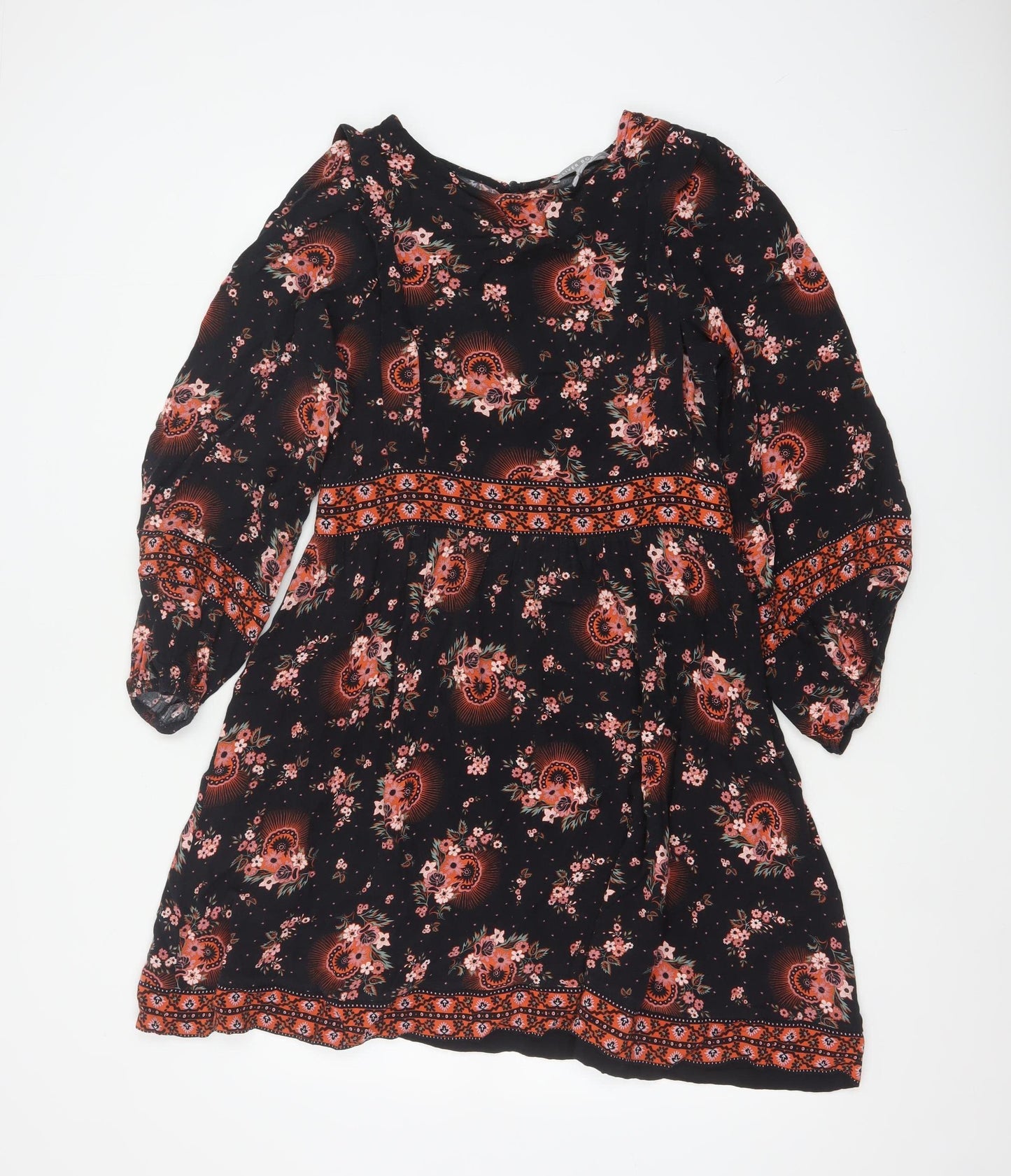 Oliver Bonas Womens Black Floral A-Line Dress Size 10 Long Sleeve