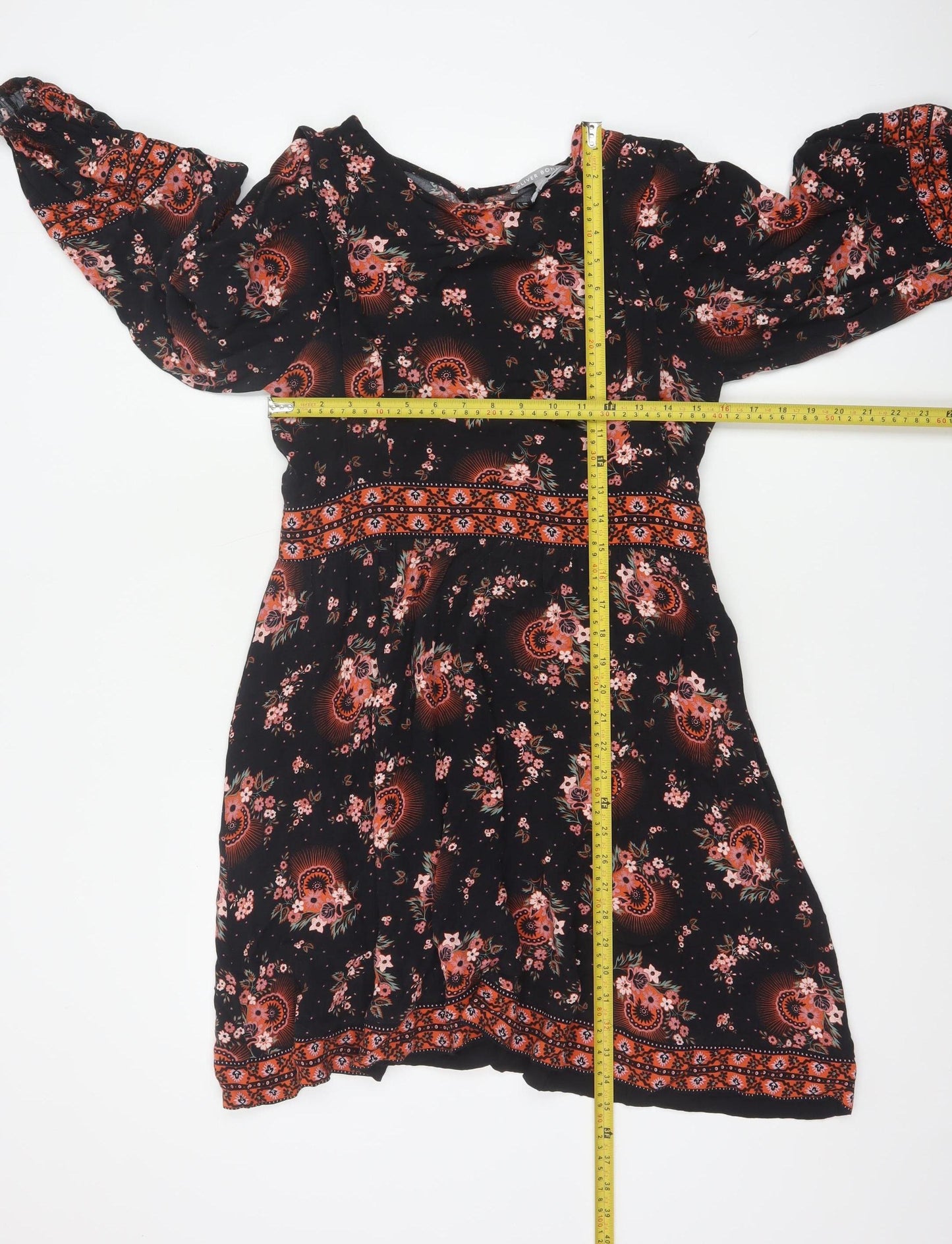 Oliver Bonas Womens Black Floral A-Line Dress Size 10 Long Sleeve