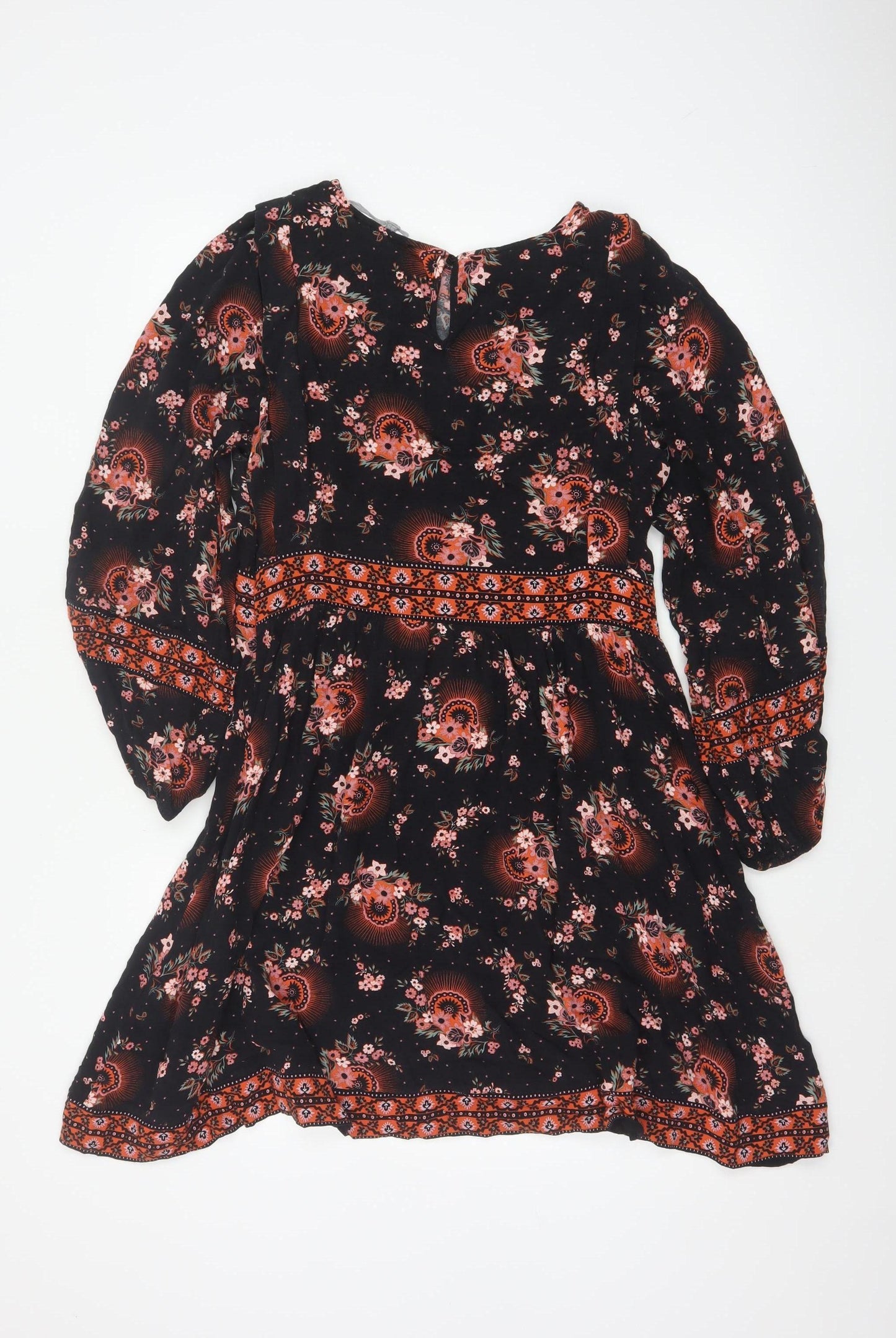 Oliver Bonas Womens Black Floral A-Line Dress Size 10 Long Sleeve