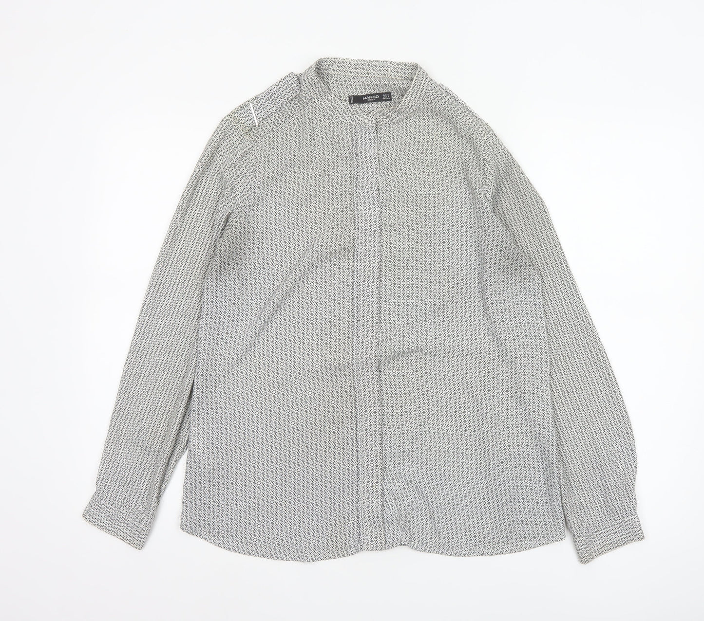 Mango Women White Geometric Button-Up Long Sleeve Blouse Size S