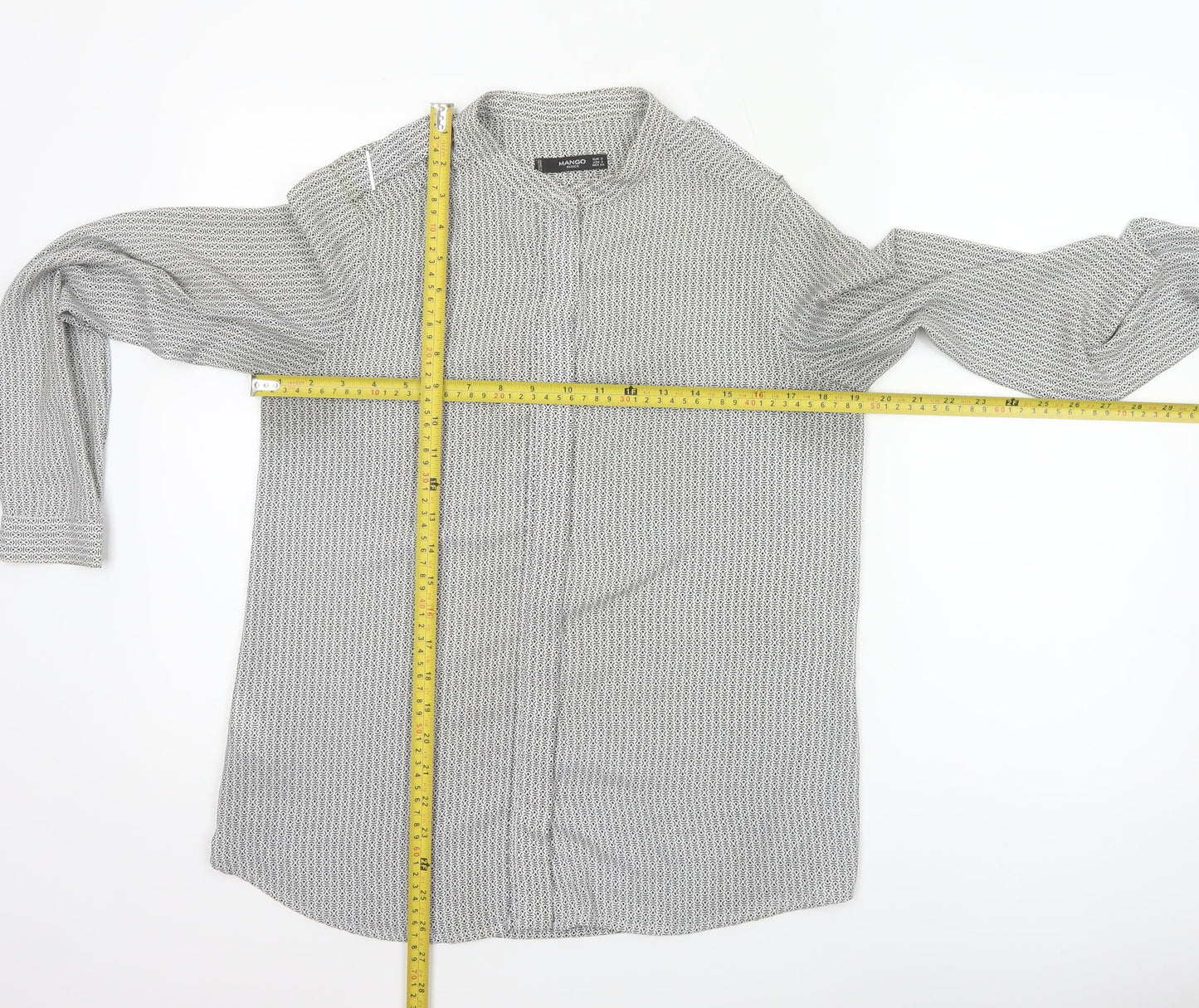 Mango Women White Geometric Button-Up Long Sleeve Blouse Size S