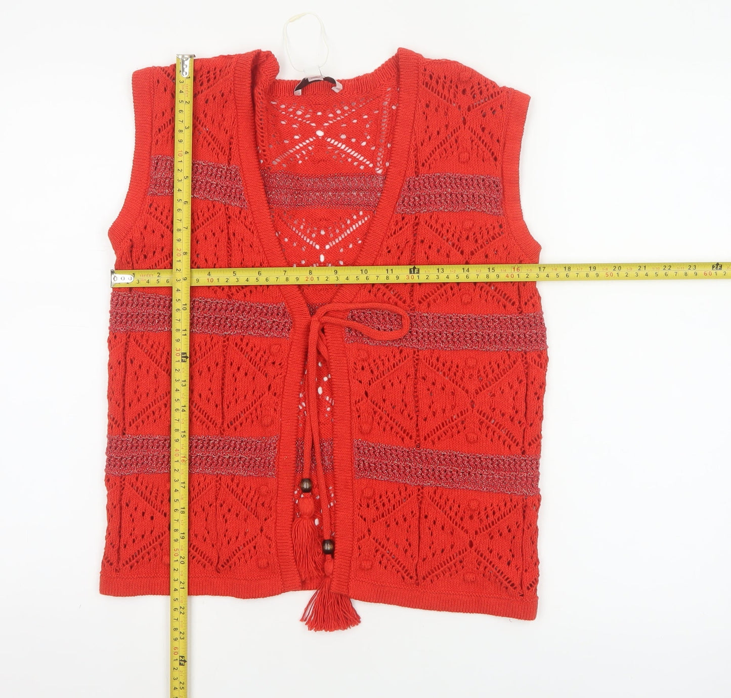 Marks and Spencer Women Red Knit Bohemian Sleeveless Tie Blouse Size S