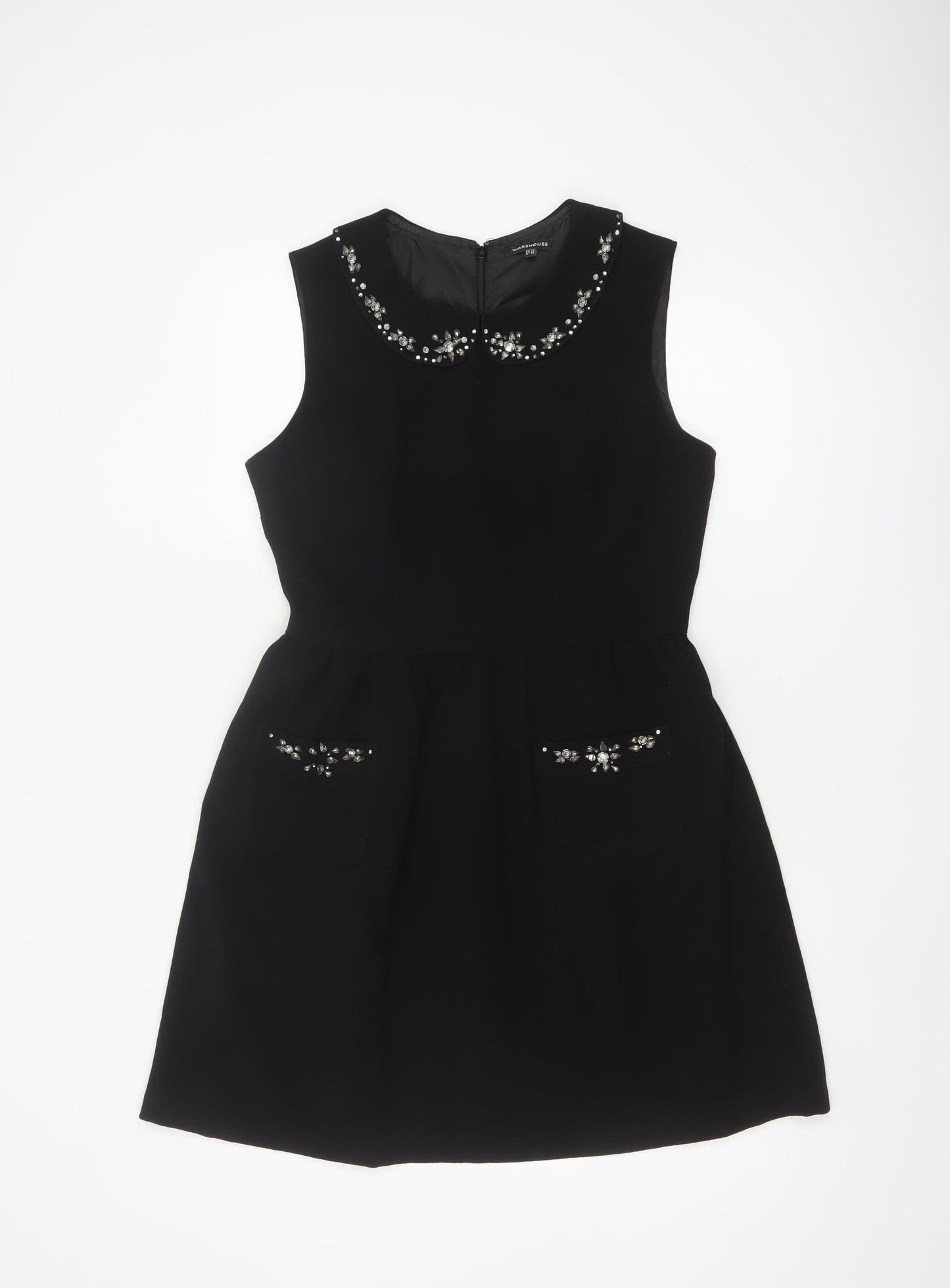 Warehouse Women Black Size 12 A-Line Sleeveless Embellished Dress