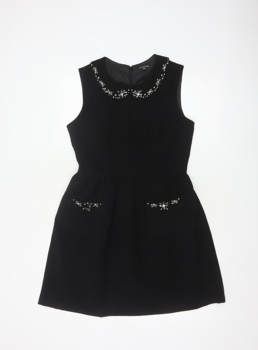 Warehouse Women Black Size 12 A-Line Sleeveless Embellished Dress