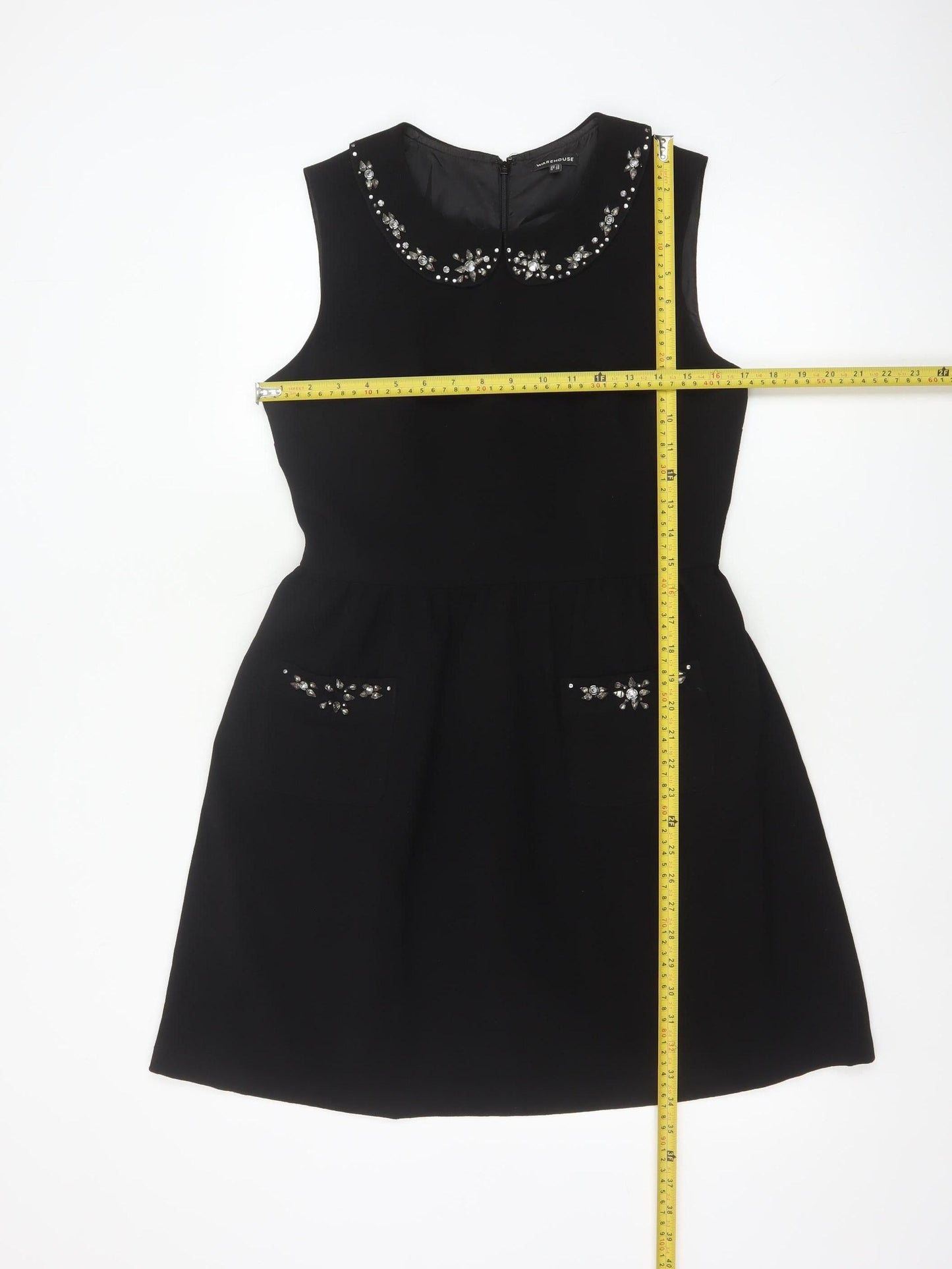 Warehouse Women Black Size 12 A-Line Sleeveless Embellished Dress