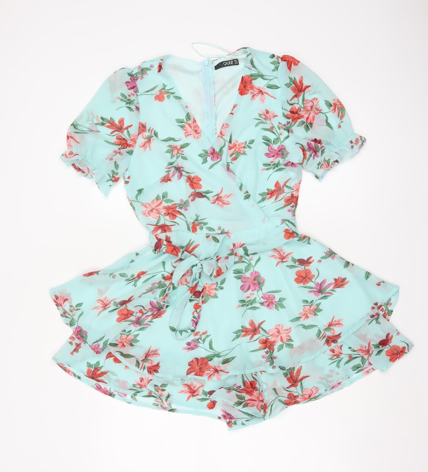 Quiz Women’s Blue Floral Short Wrap Dress Size 6 Belted Ruffle Chiffon