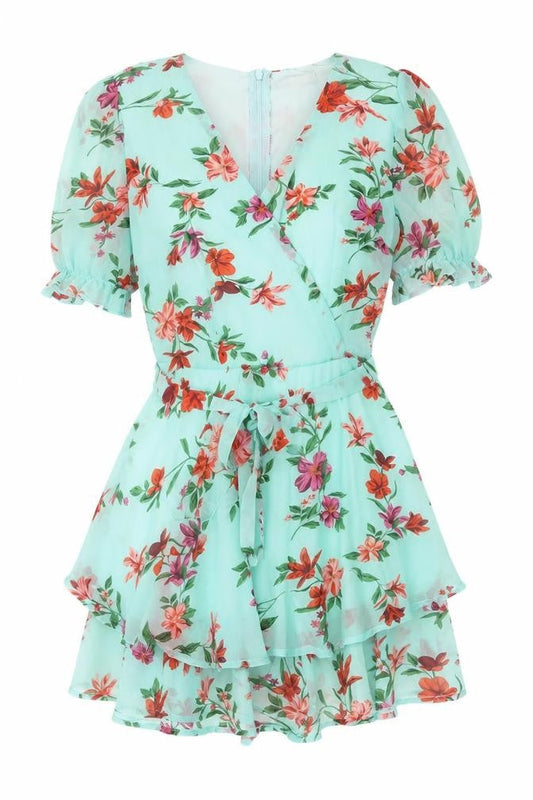 Quiz Women’s Blue Floral Short Wrap Dress Size 6 Belted Ruffle Chiffon