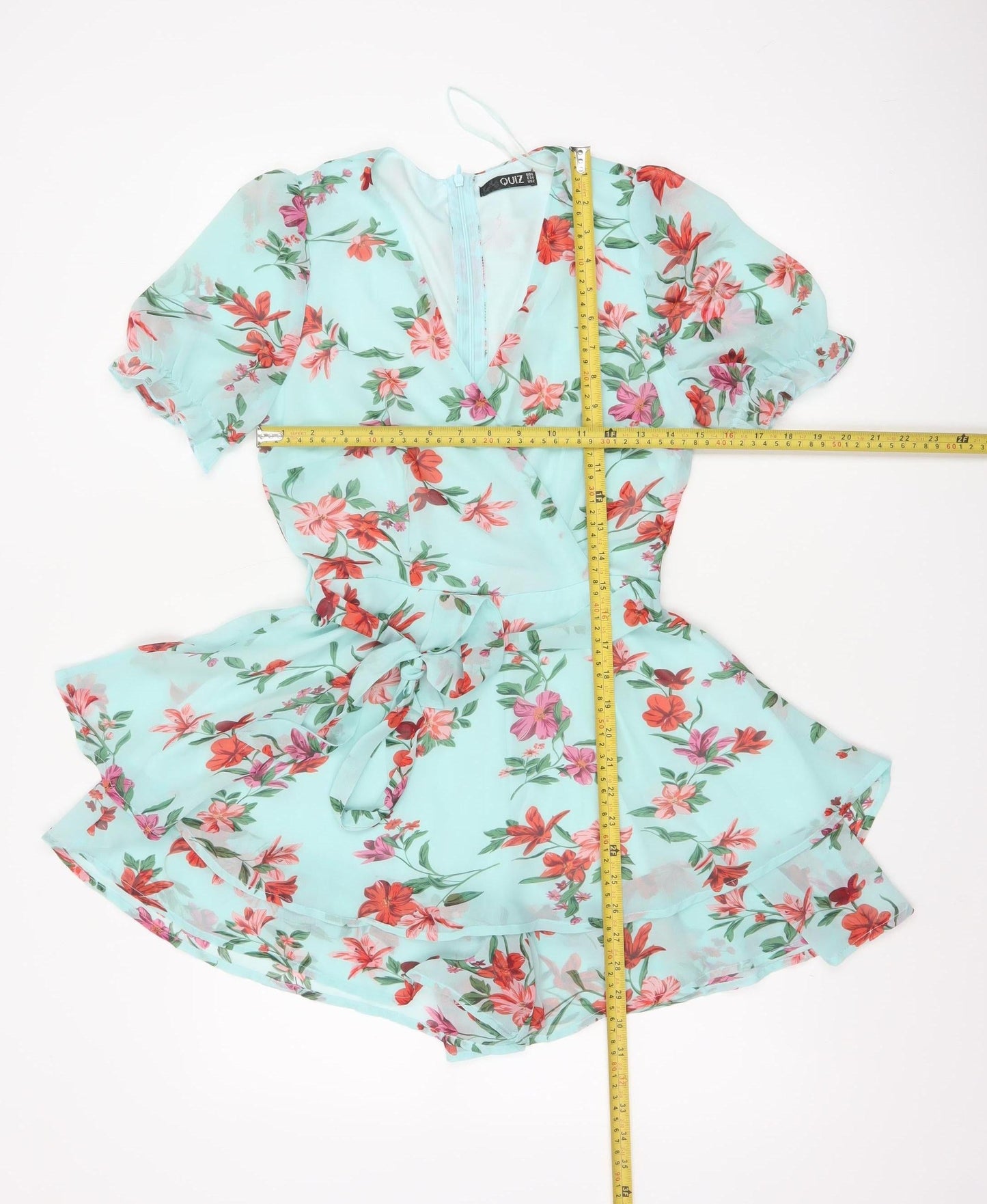 Quiz Women’s Blue Floral Short Wrap Dress Size 6 Belted Ruffle Chiffon