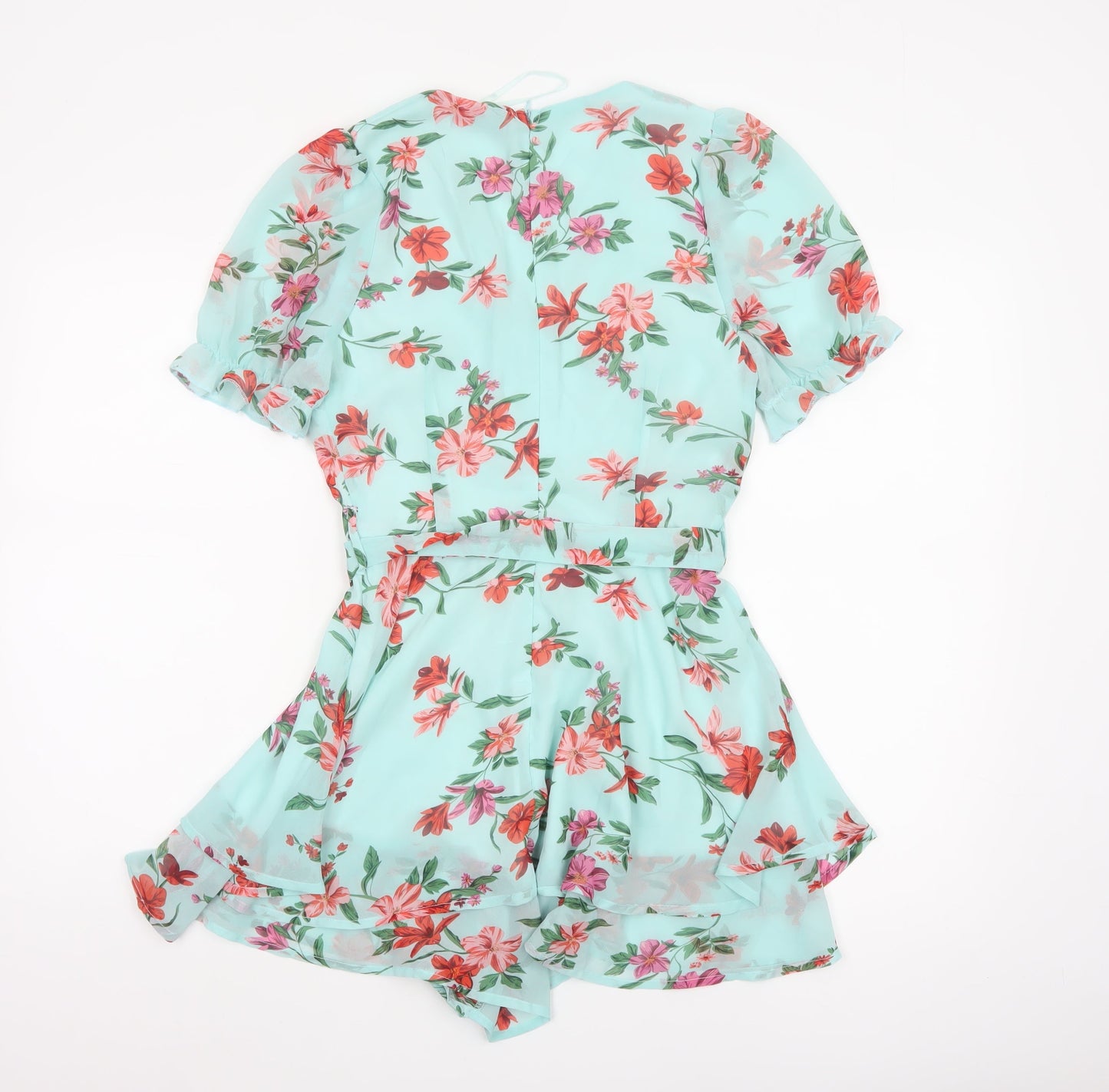 Quiz Women’s Blue Floral Short Wrap Dress Size 6 Belted Ruffle Chiffon