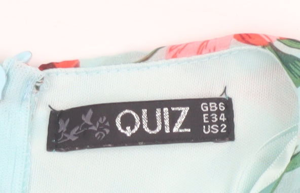 Quiz Women’s Blue Floral Short Wrap Dress Size 6 Belted Ruffle Chiffon