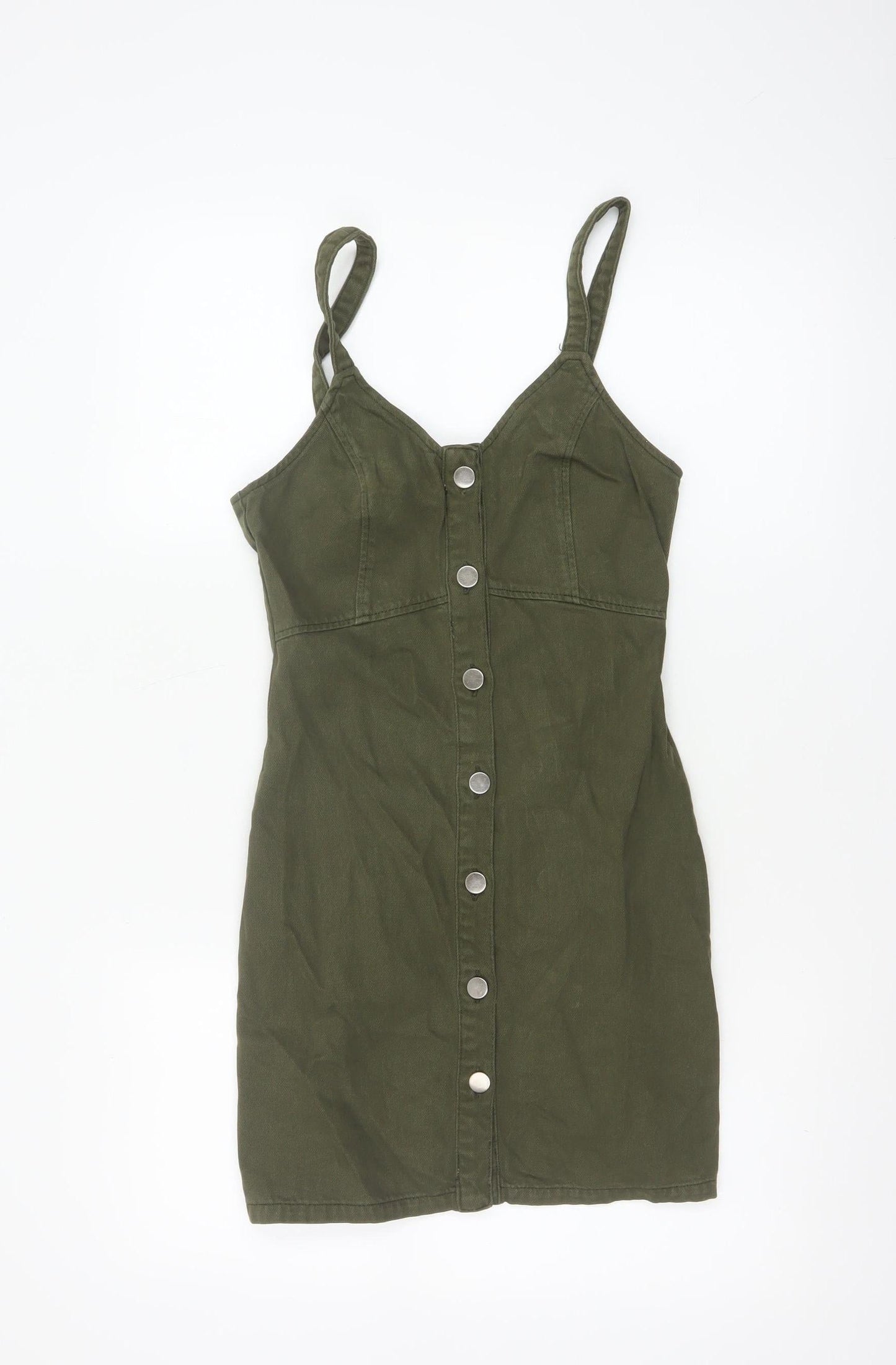 Topshop Women Green Cotton Button Front Pinafore Dress UK 6