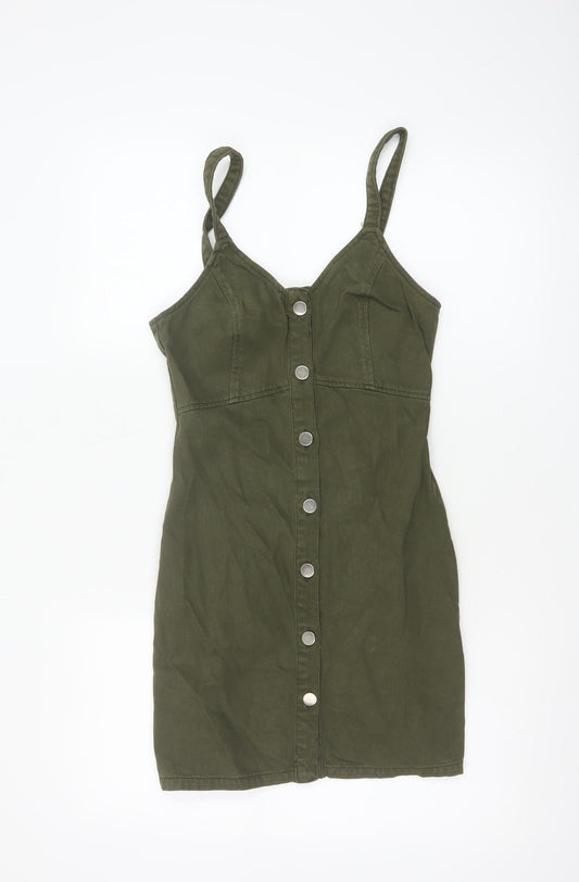 Topshop Women Green Cotton Button Front Pinafore Dress UK 6