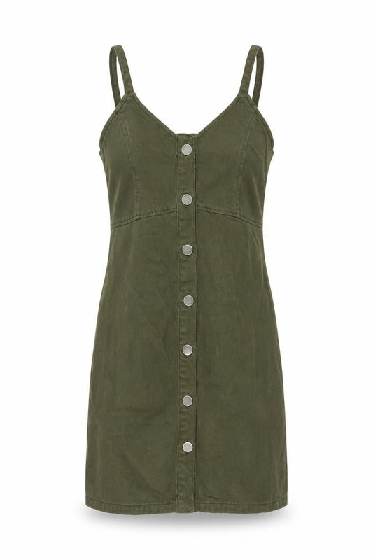 Topshop Women Green Cotton Button Front Pinafore Dress UK 6