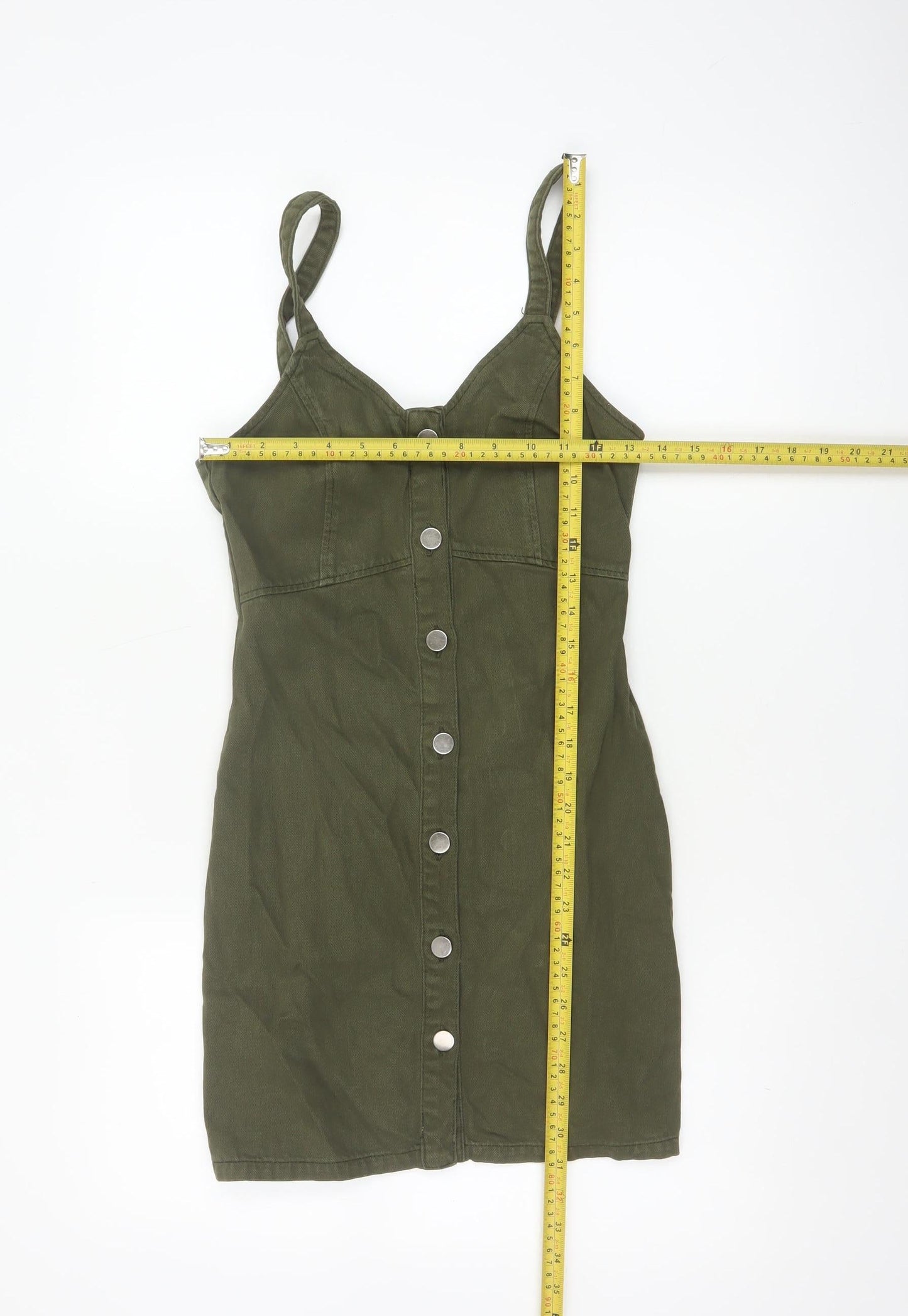 Topshop Women Green Cotton Button Front Pinafore Dress UK 6