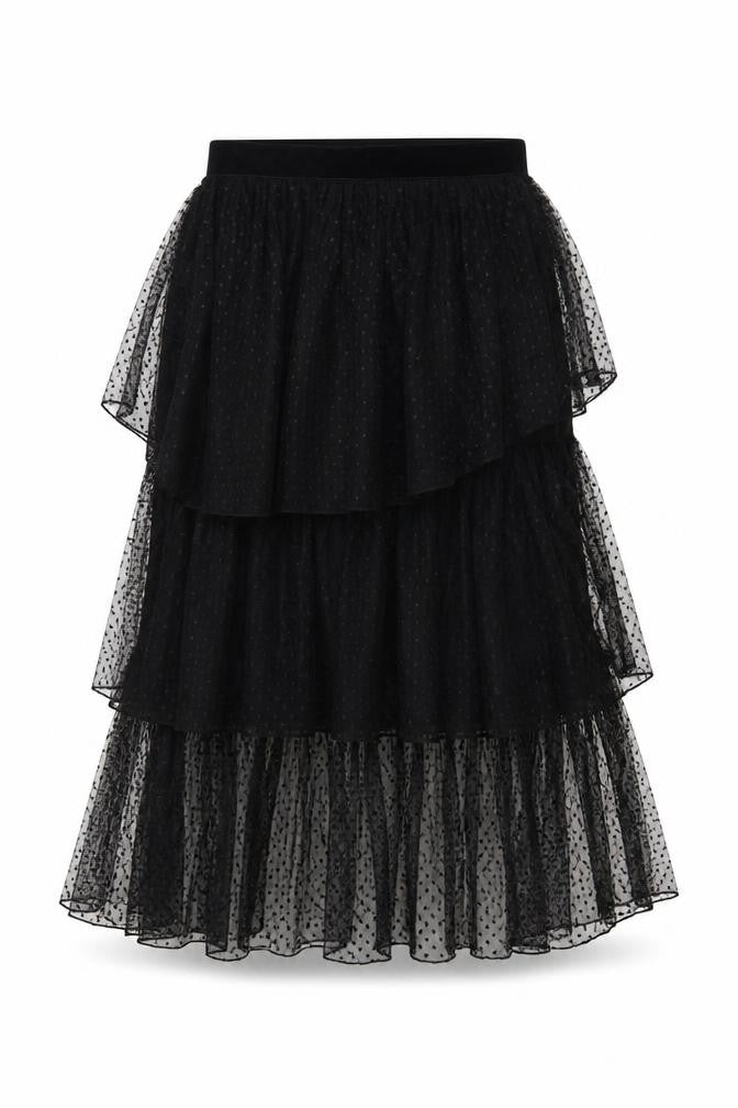 Zara Women Black Polka Dot Layered Chiffon Midi Skirt S