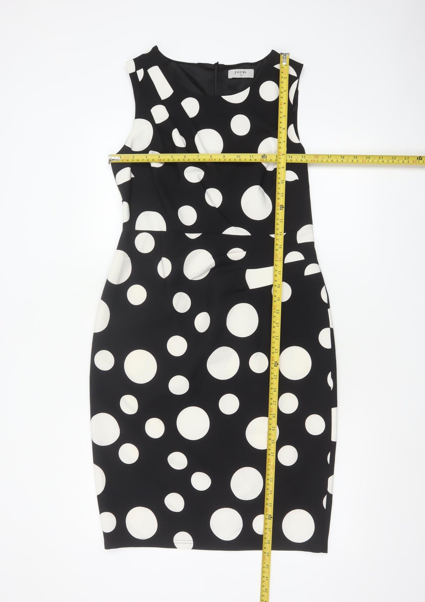 Soon Women's Black Polka Dot Sheath Dress Size 12 Sleeveless V-Neck Lined