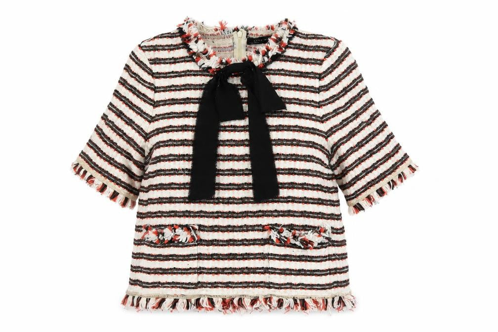 Zara Woman Multicoloured Striped Tweed Blouse with Bow Neck in Size L