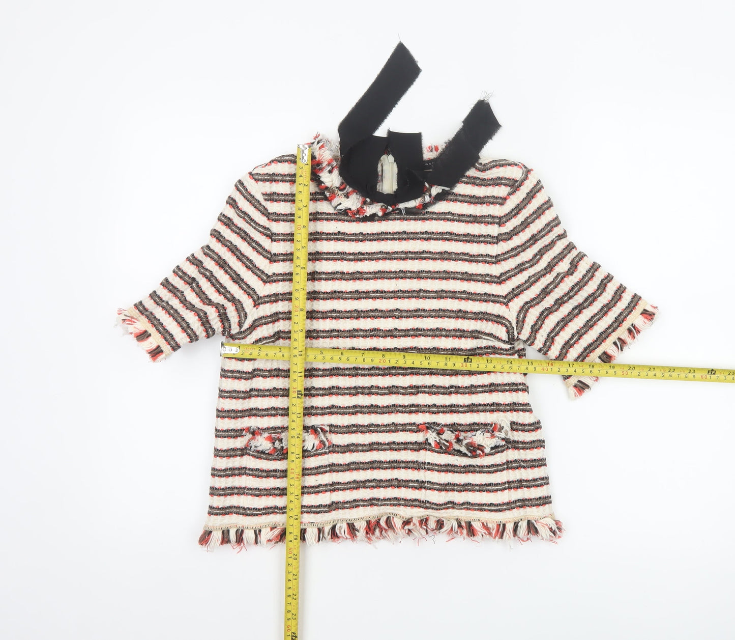 Zara Woman Multicoloured Striped Tweed Blouse with Bow Neck in Size L