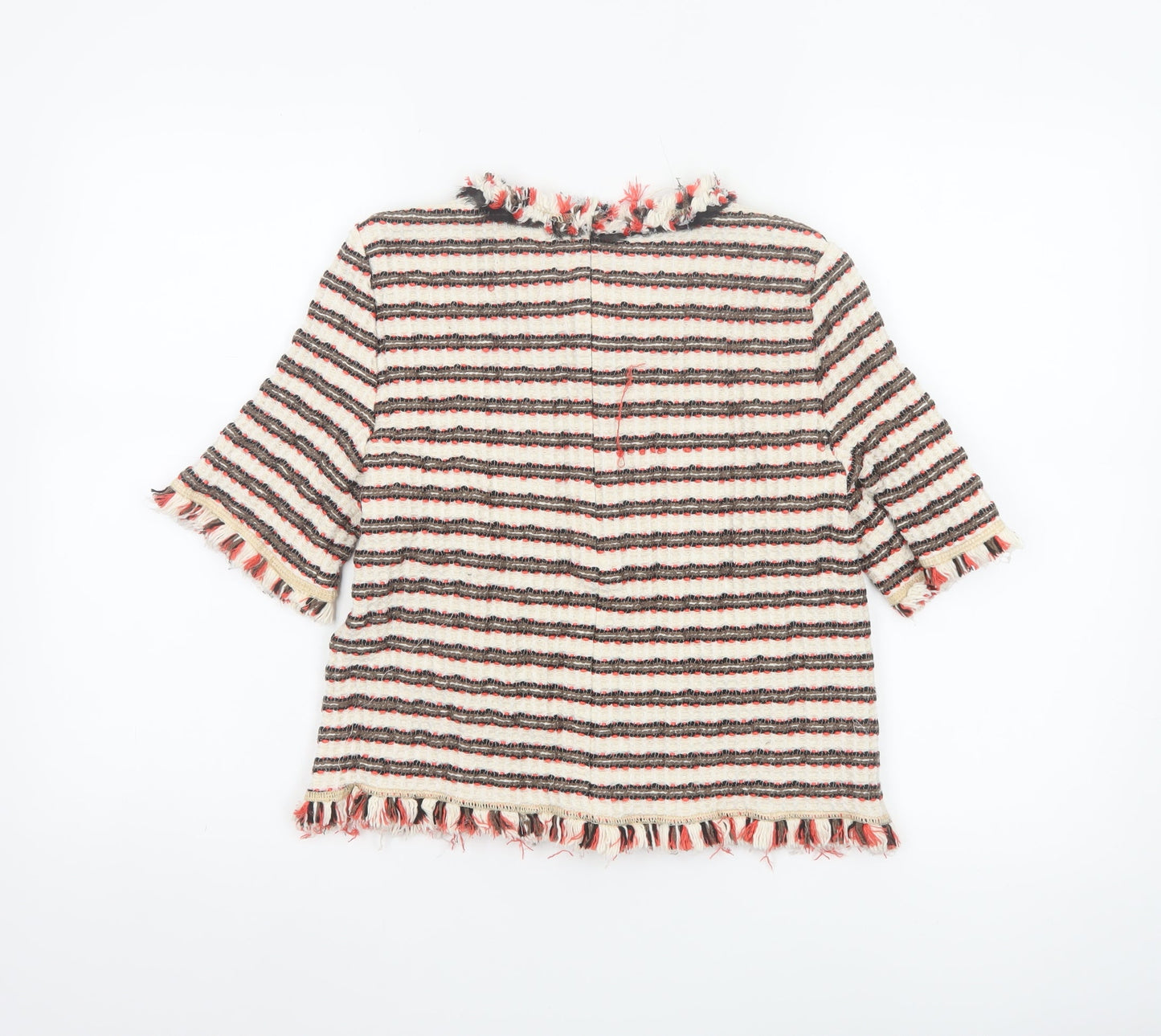 Zara Woman Multicoloured Striped Tweed Blouse with Bow Neck in Size L