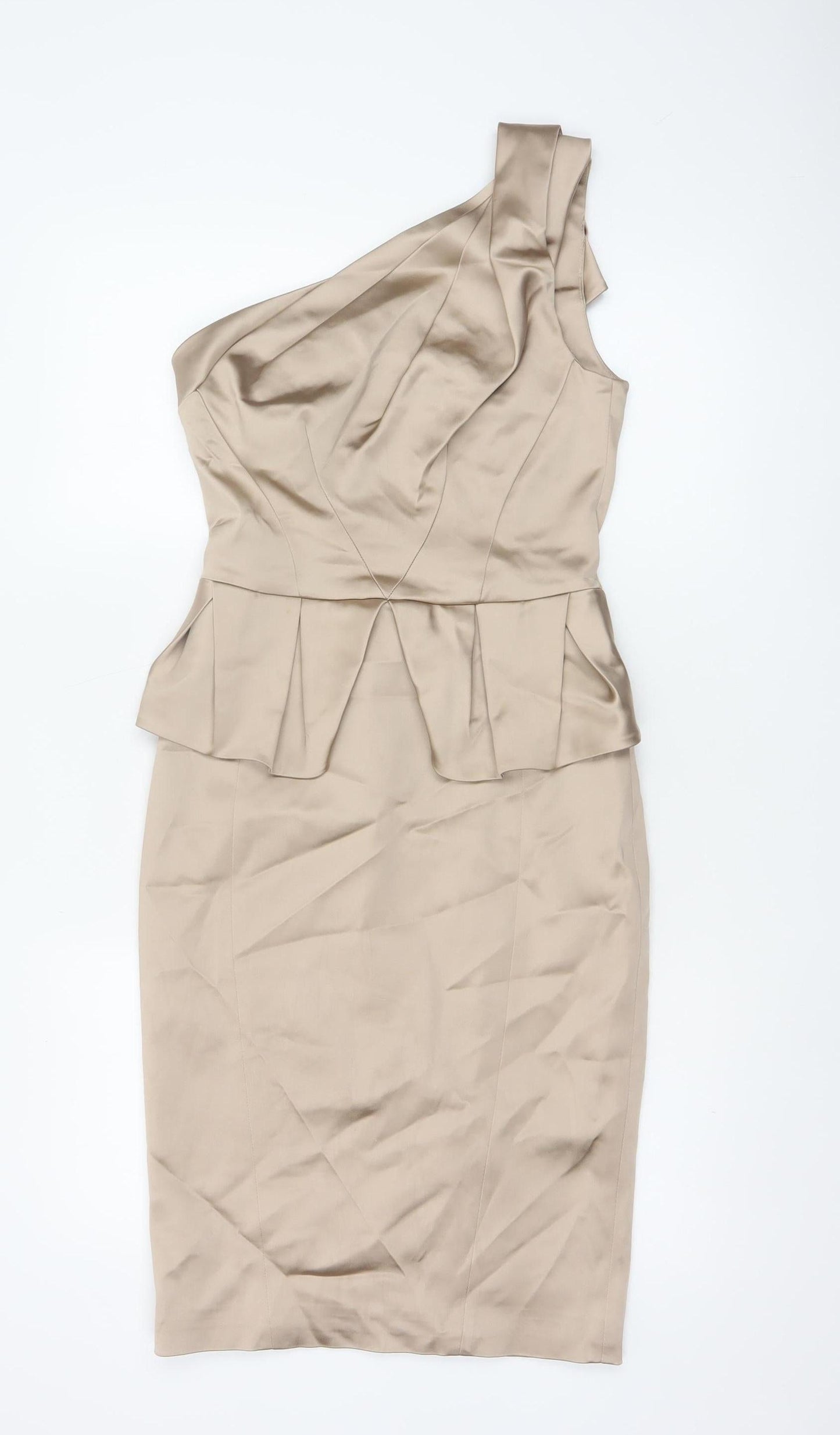 Karen Millen Women's Beige One Shoulder Peplum Sheath Dress UK 10