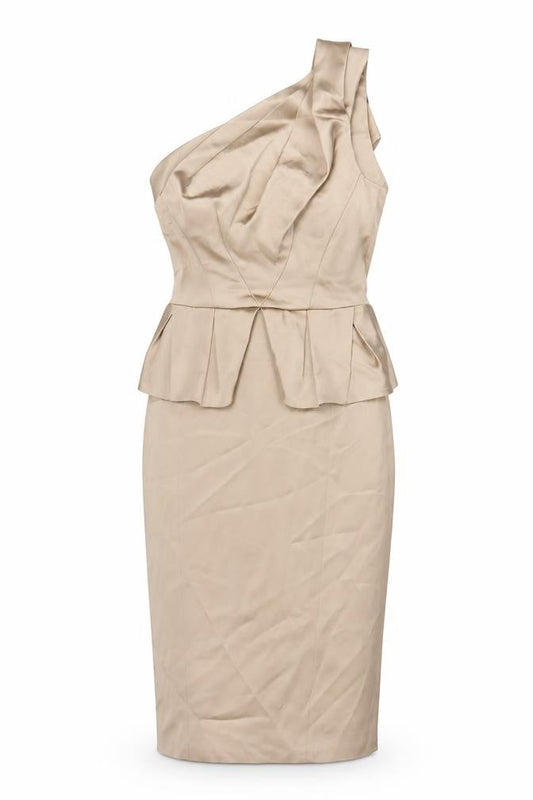 Karen Millen Women's Beige One Shoulder Peplum Sheath Dress UK 10
