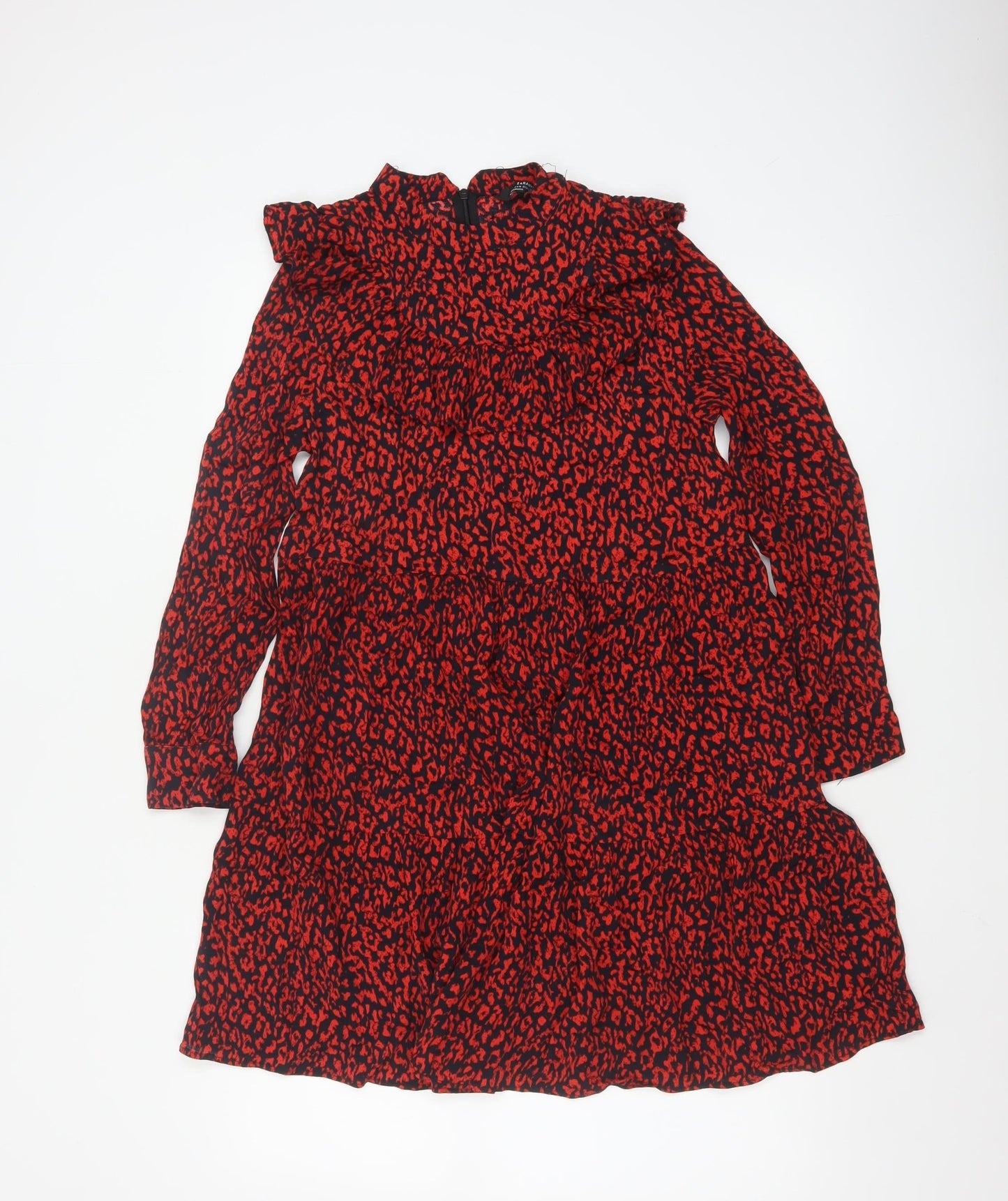Zara Women Red Animal Print Long Sleeve Ruffle A-Line Dress XS