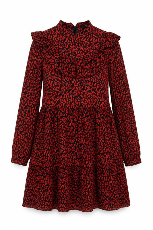 Zara Women Red Animal Print Long Sleeve Ruffle A-Line Dress XS
