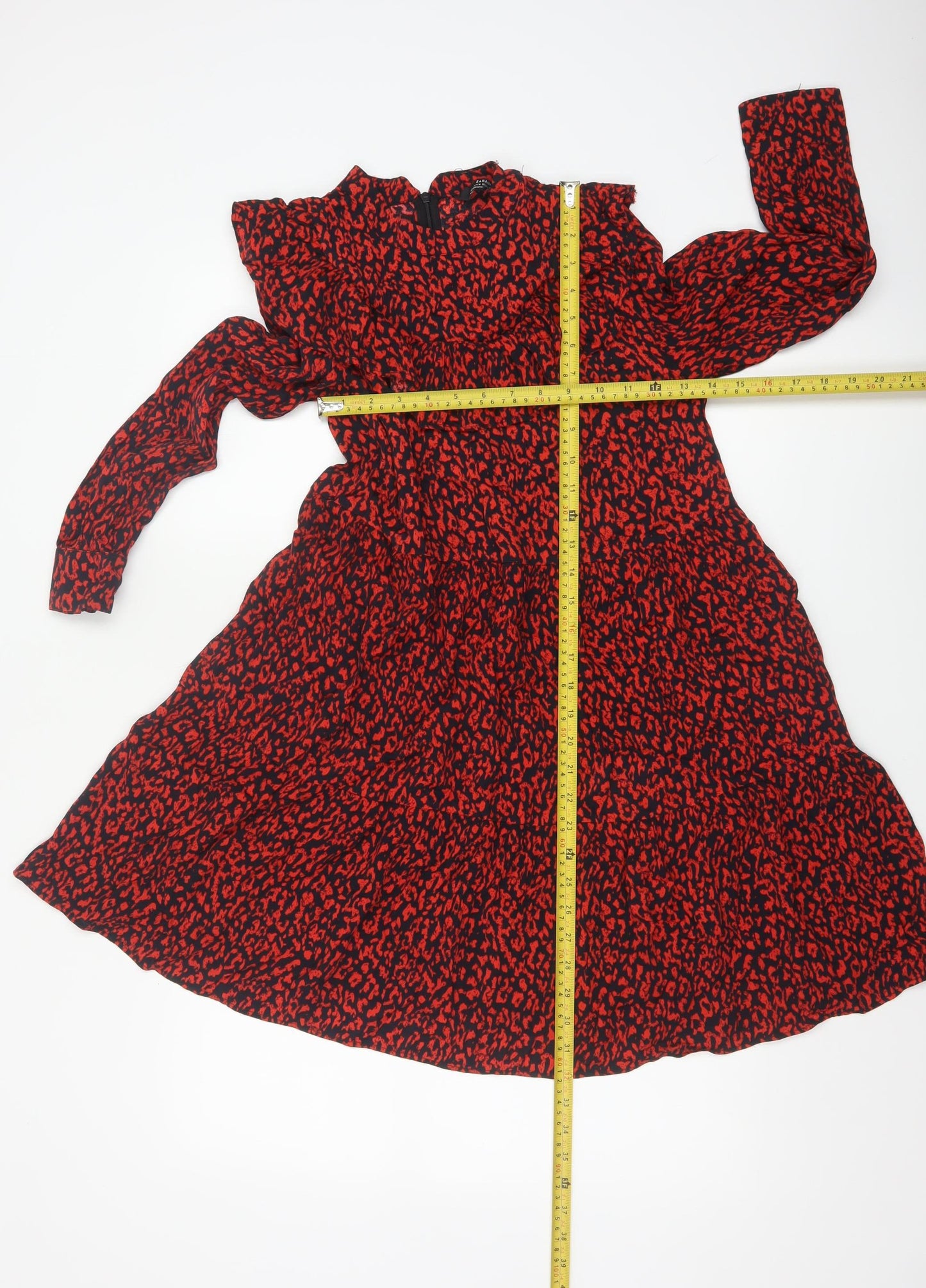 Zara Women Red Animal Print Long Sleeve Ruffle A-Line Dress XS