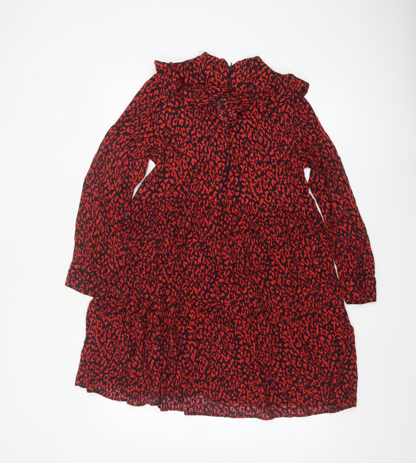 Zara Women Red Animal Print Long Sleeve Ruffle A-Line Dress XS